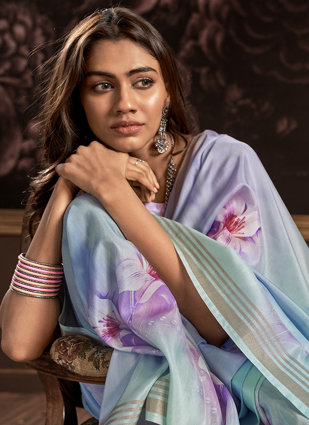Buy MySilkLove Sky Blue and Lavender Handloom Silk Digital Printed Saree Online