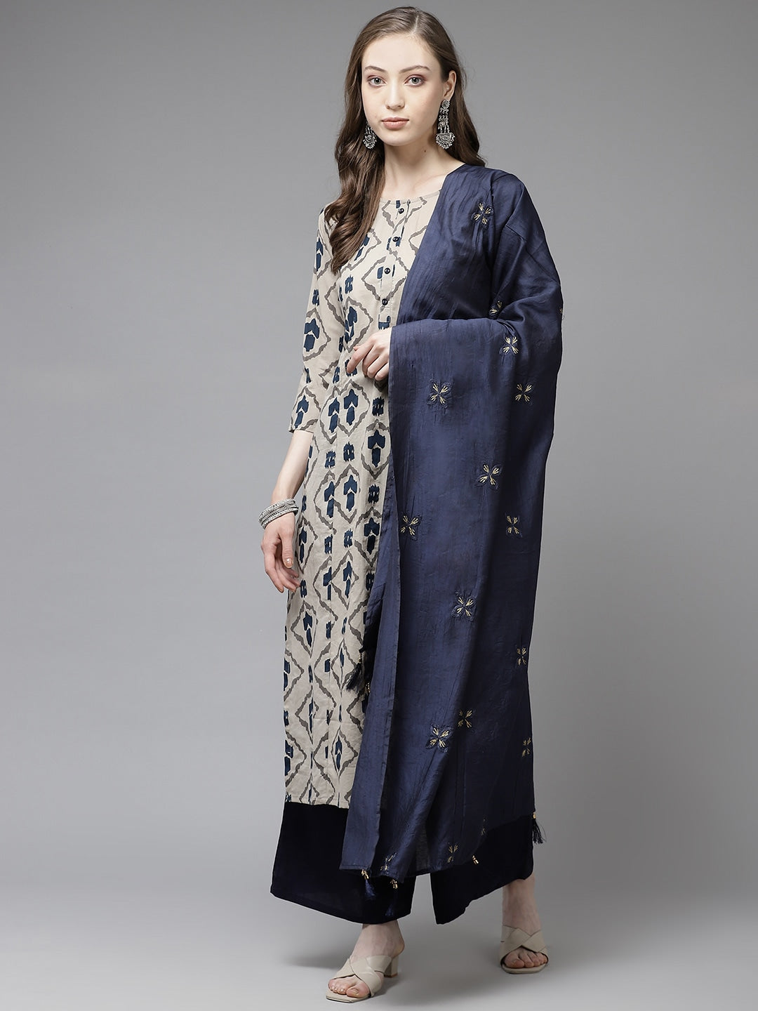 Buy MySilkLove Merino Cream and Blue Printed Dupatta Set Online