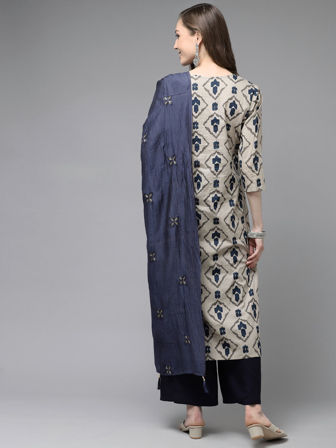 Buy MySilkLove Merino Cream and Blue Printed Dupatta Set Online