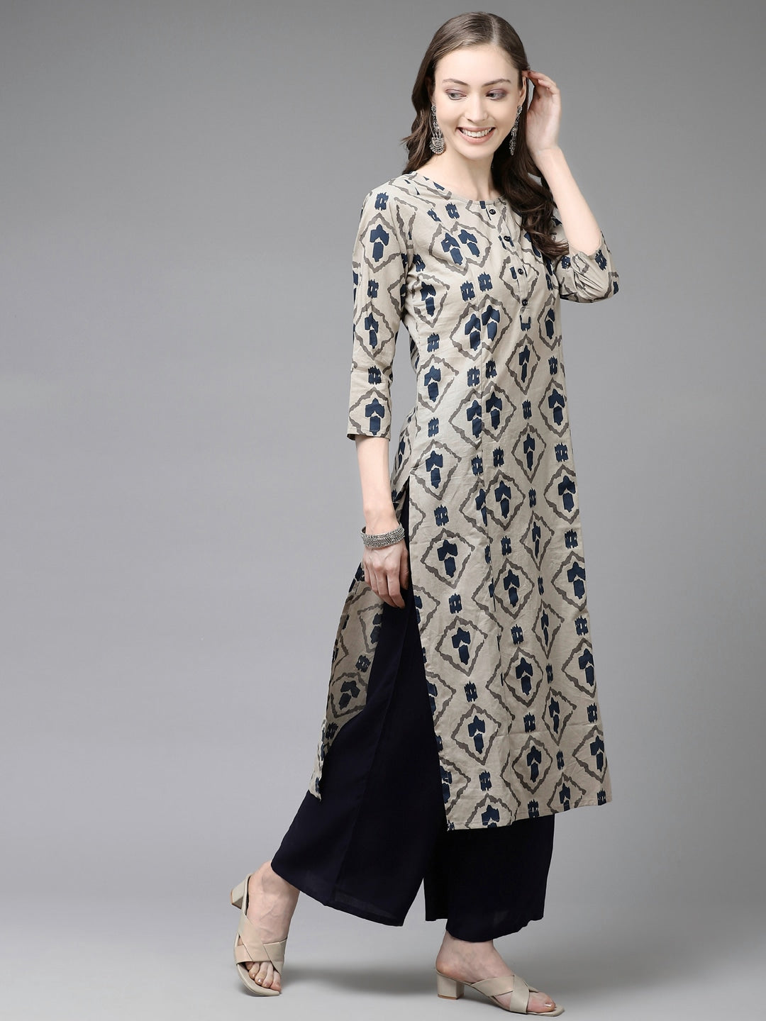 Buy MySilkLove Merino Cream and Blue Printed Dupatta Set Online