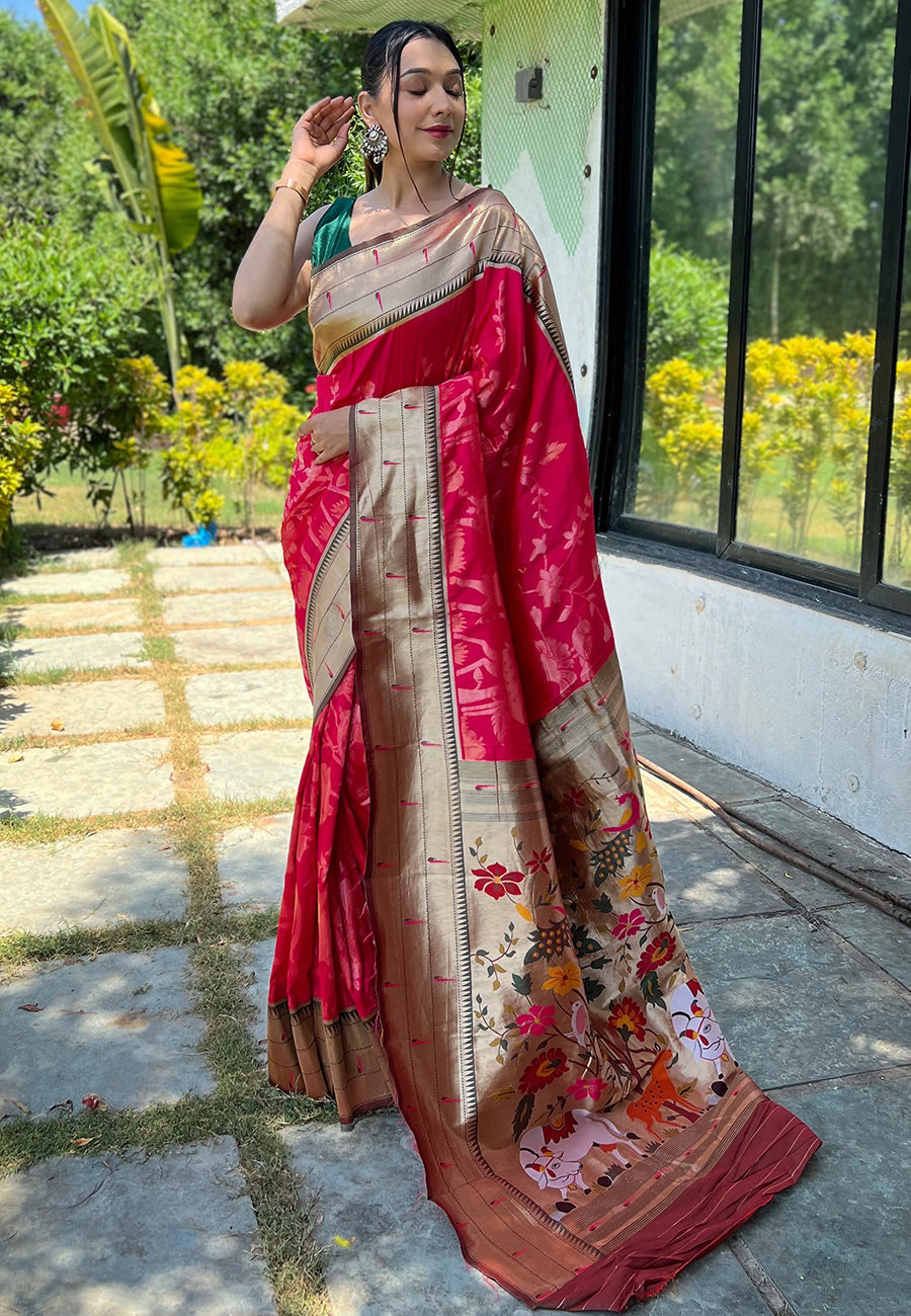 Buy MySilkLove Cabaret Pink Pichwai Woven Paithani Silk Saree Online