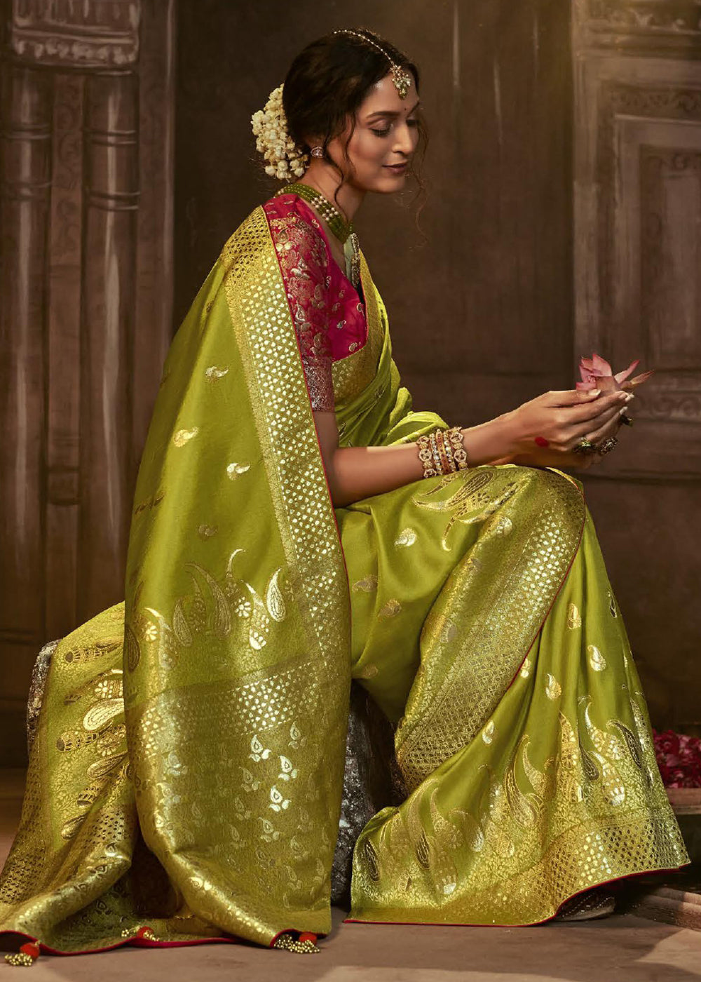 Buy MySilkLove Reef Gold Green Woven Designer Banarasi Silk Saree Online