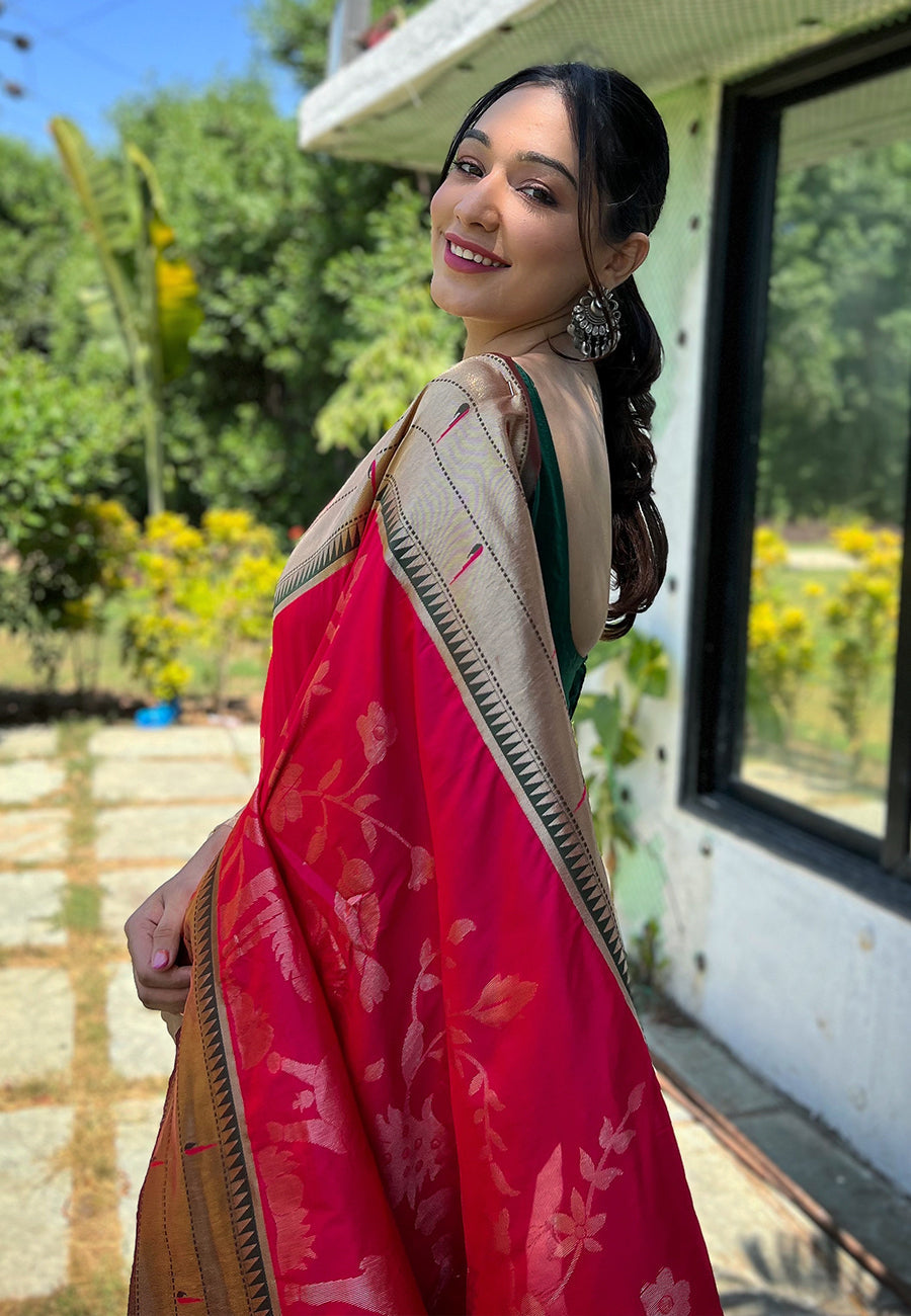 Buy MySilkLove Cabaret Pink Pichwai Woven Paithani Silk Saree Online