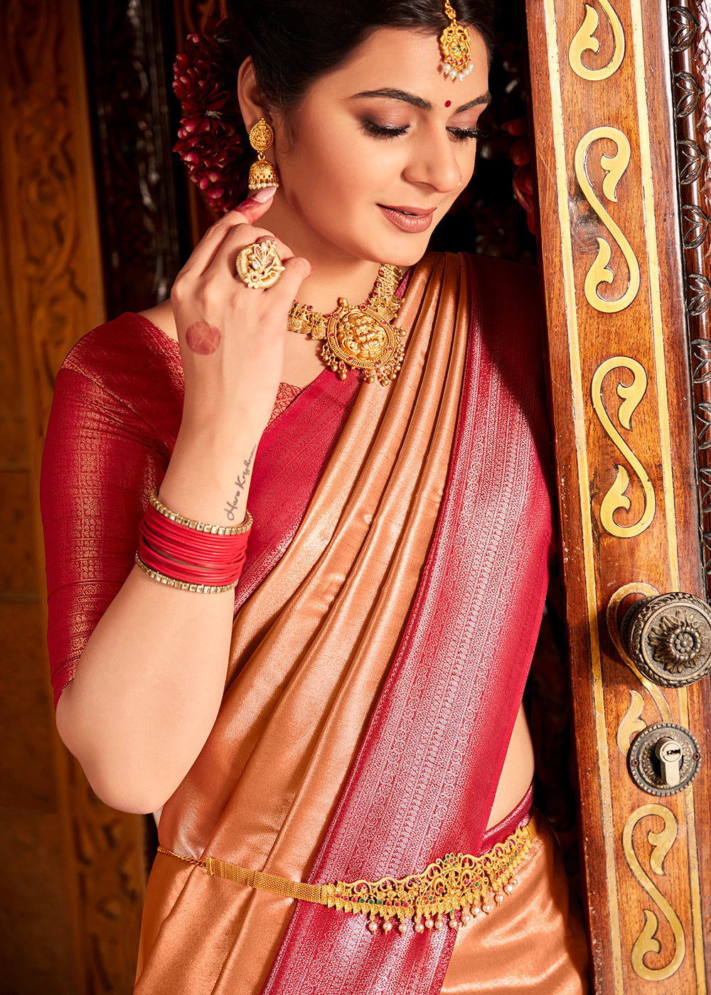 Buy MySilkLove Hit Orange and Red Zari Woven Kanjivaram Saree Online