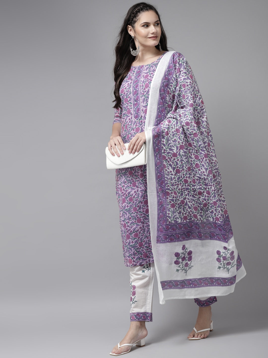 Buy MySilkLove Bouquet Purple and White Printed Dupatta Set Online