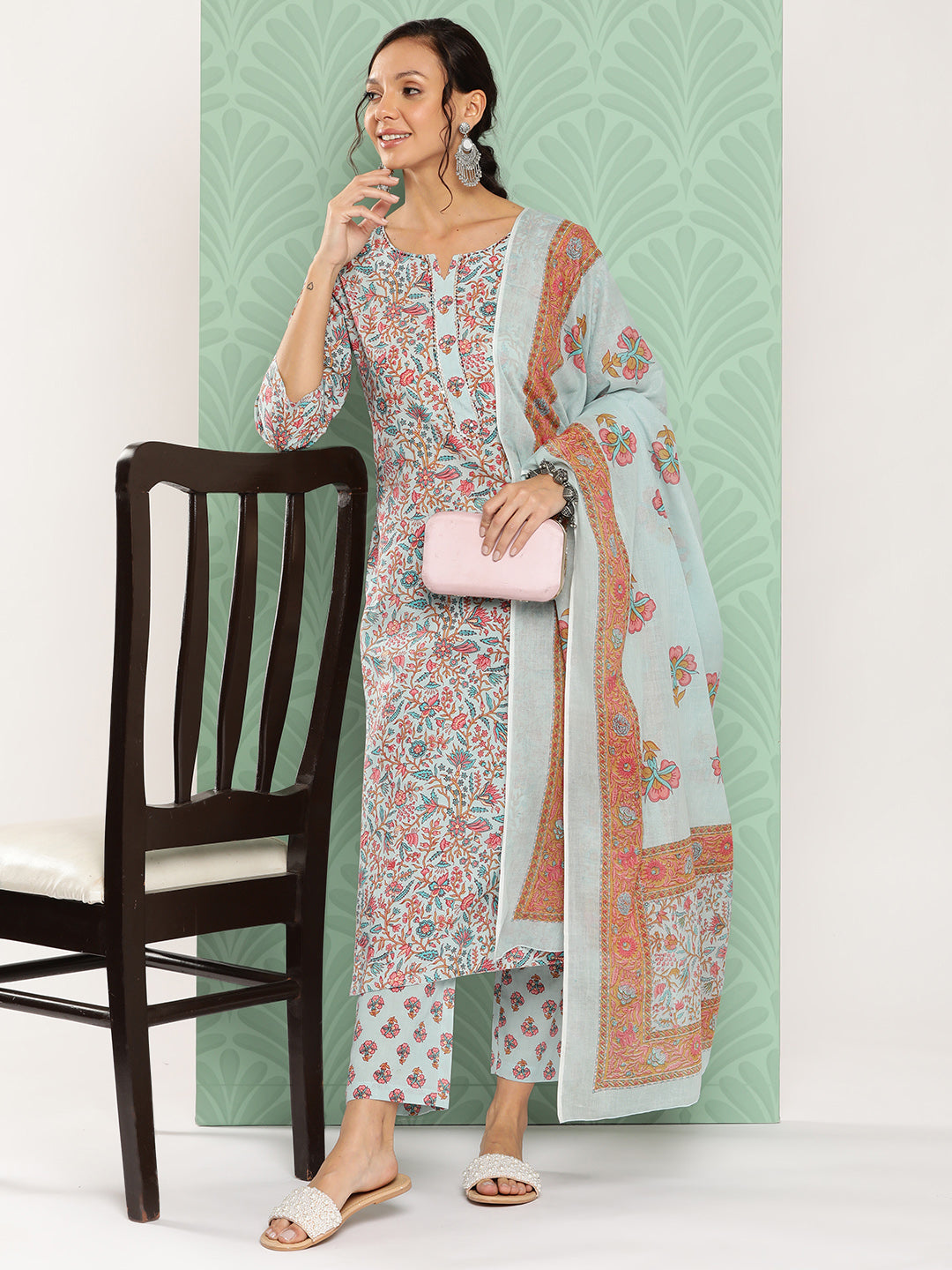 Buy MySilkLove Light Blue Embroidered Cotton Kurta Dupatta Set Online