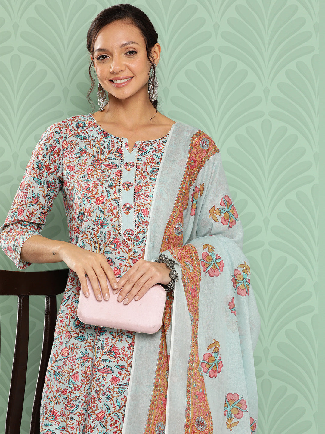 Buy MySilkLove Light Blue Embroidered Cotton Kurta Dupatta Set Online