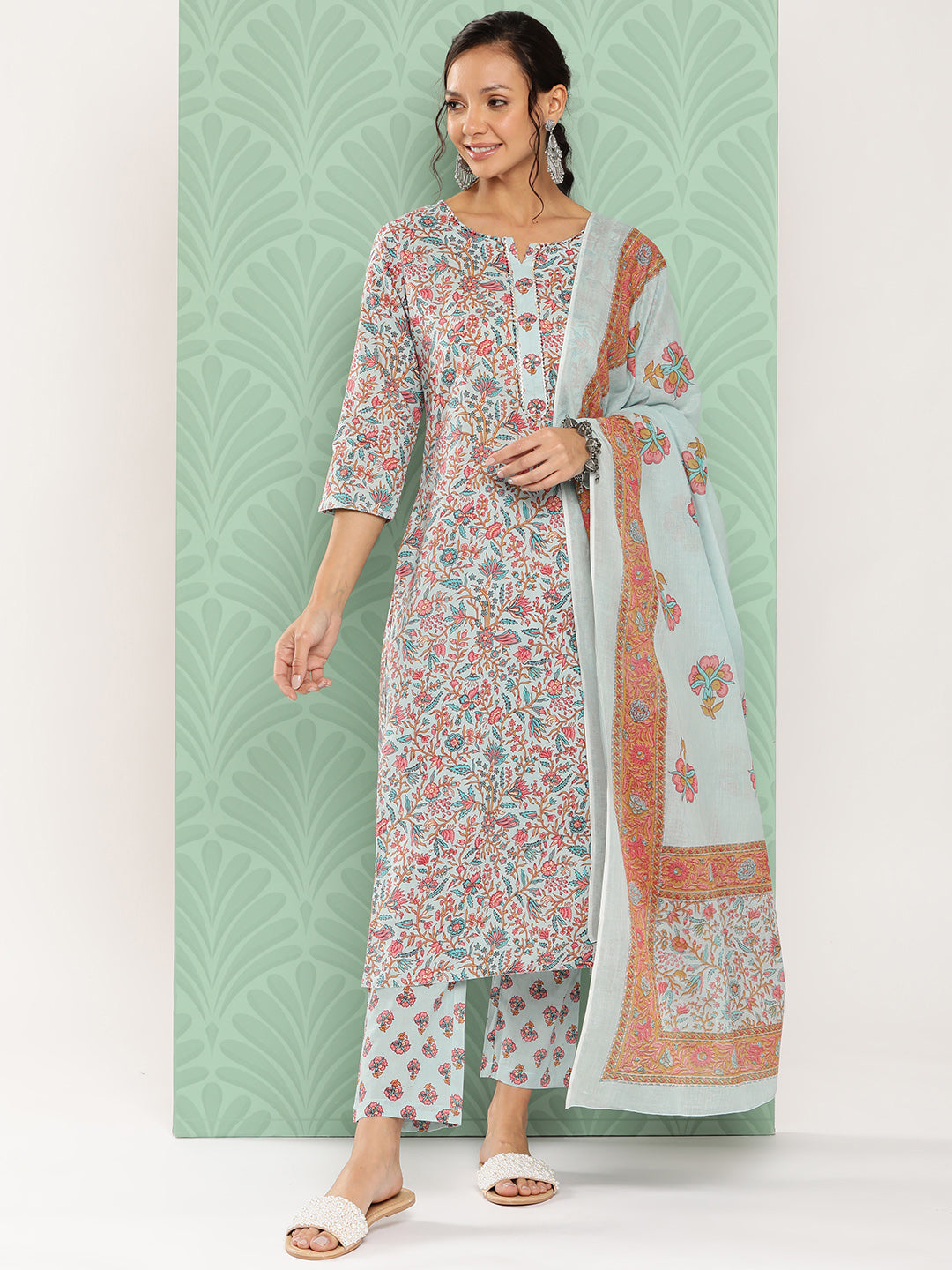 Buy MySilkLove Light Blue Embroidered Cotton Kurta Dupatta Set Online