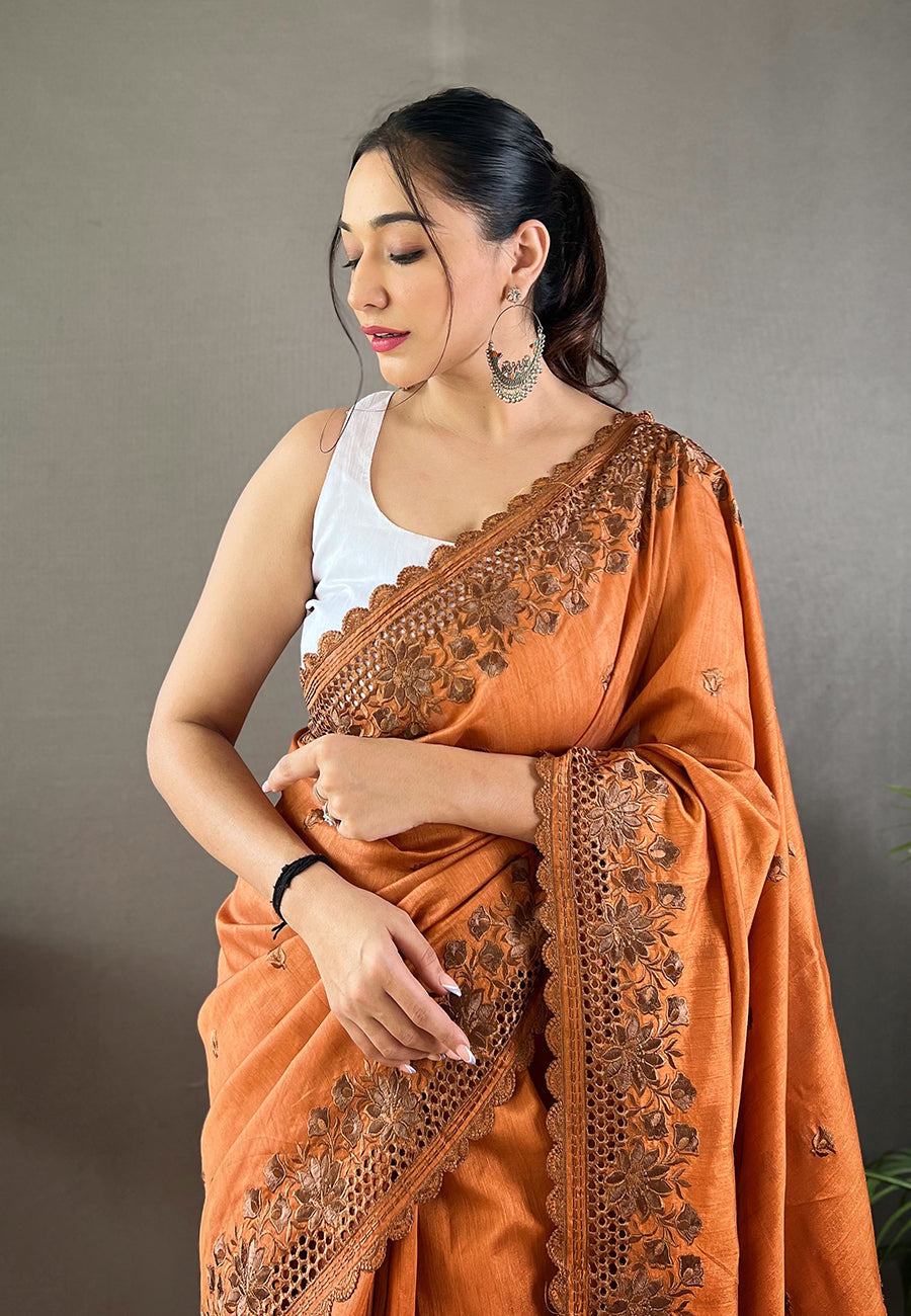 Buy MySilkLove Tuscany Orange Embroidered Tussar Silk Silk Saree Online