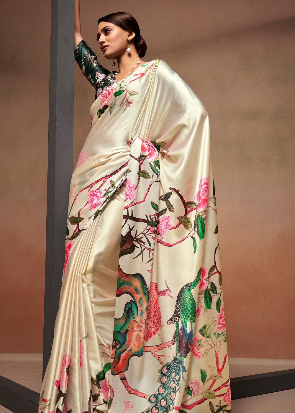 Buy MySilkLove Negroni Cream Printed Satin Silk Saree Online