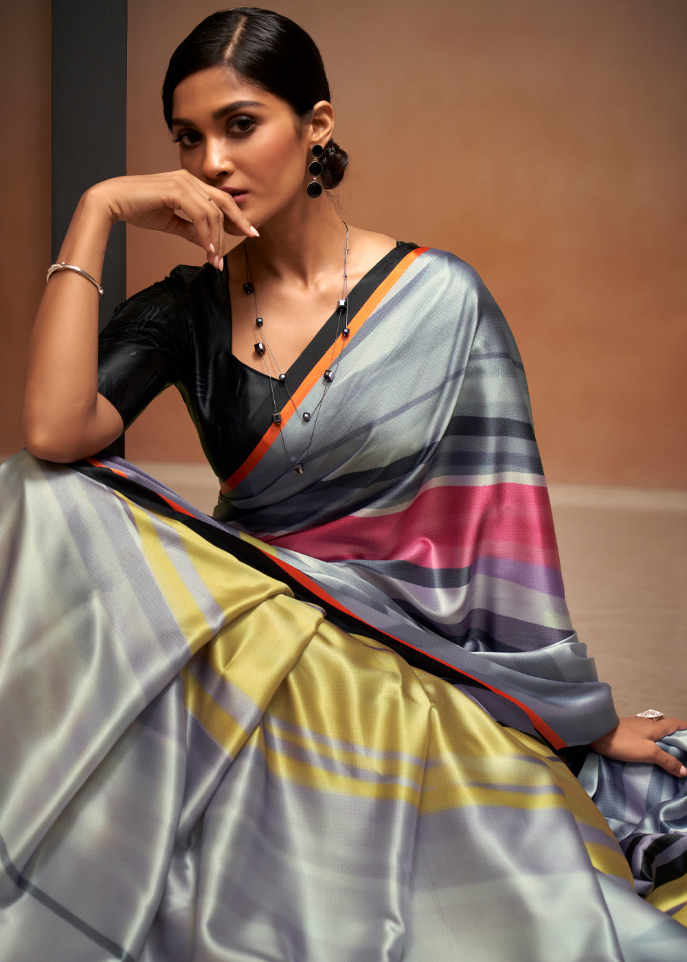 MySilkLove Santas Grey Printed Satin Silk Saree