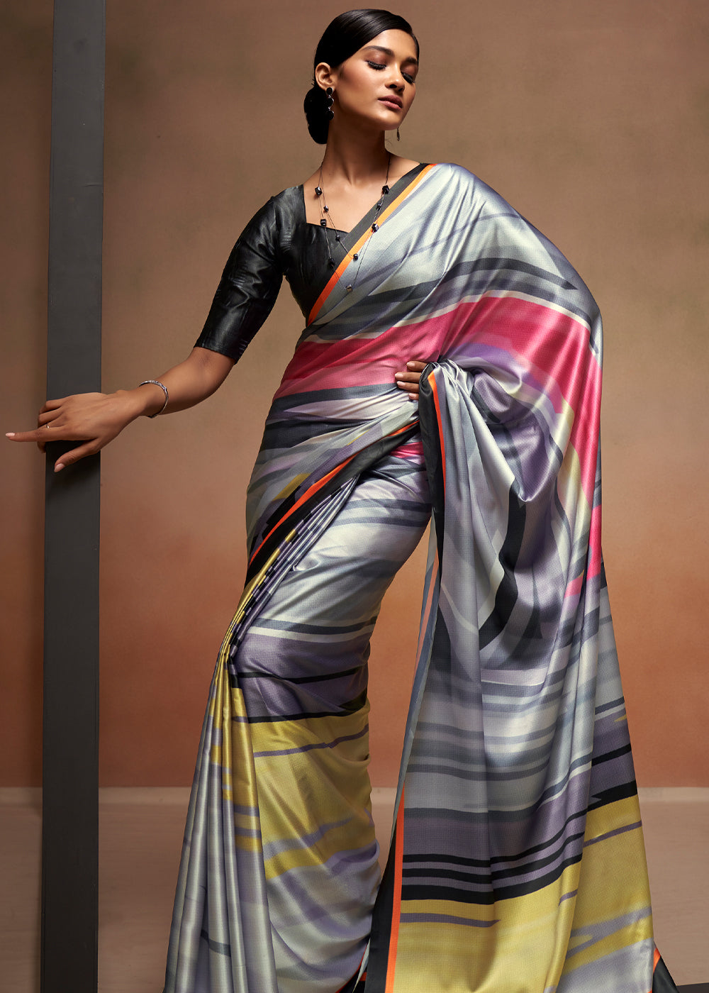 Buy MySilkLove Santas Grey Printed Satin Silk Saree Online