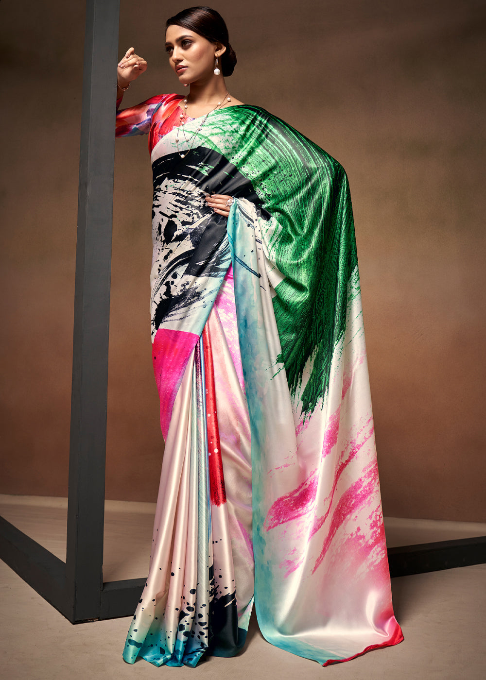 Buy MySilkLove Multicolor Pink Printed Satin Silk Saree Online