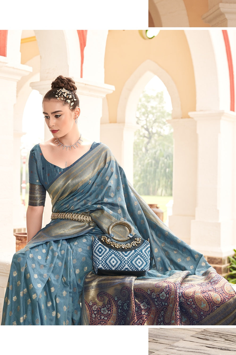 Buy MySilkLove Limed Spruce Grey Woven Cotton Saree Online