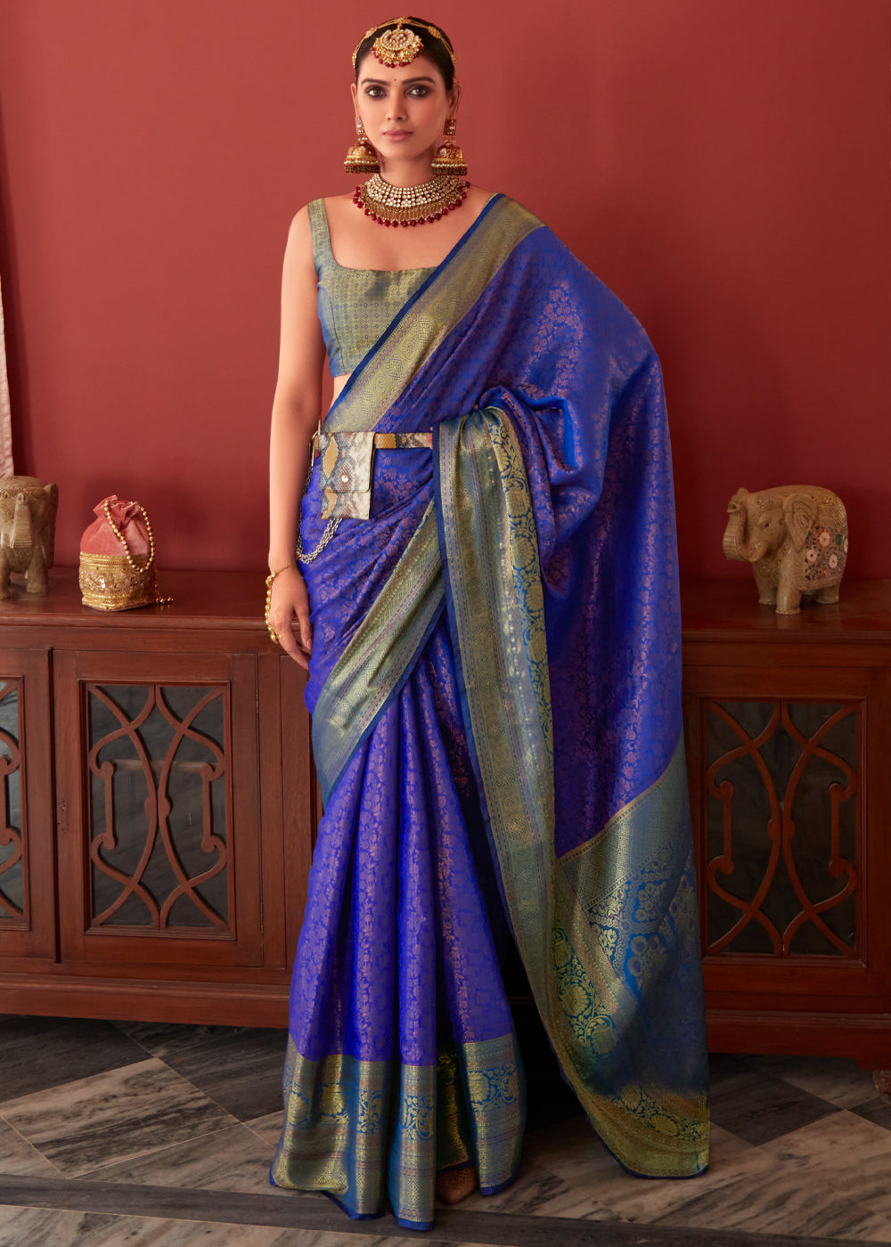 Buy MySilkLove Ultramarine Blue Bronze Zari Woven Kanjivaram Silk Saree Online