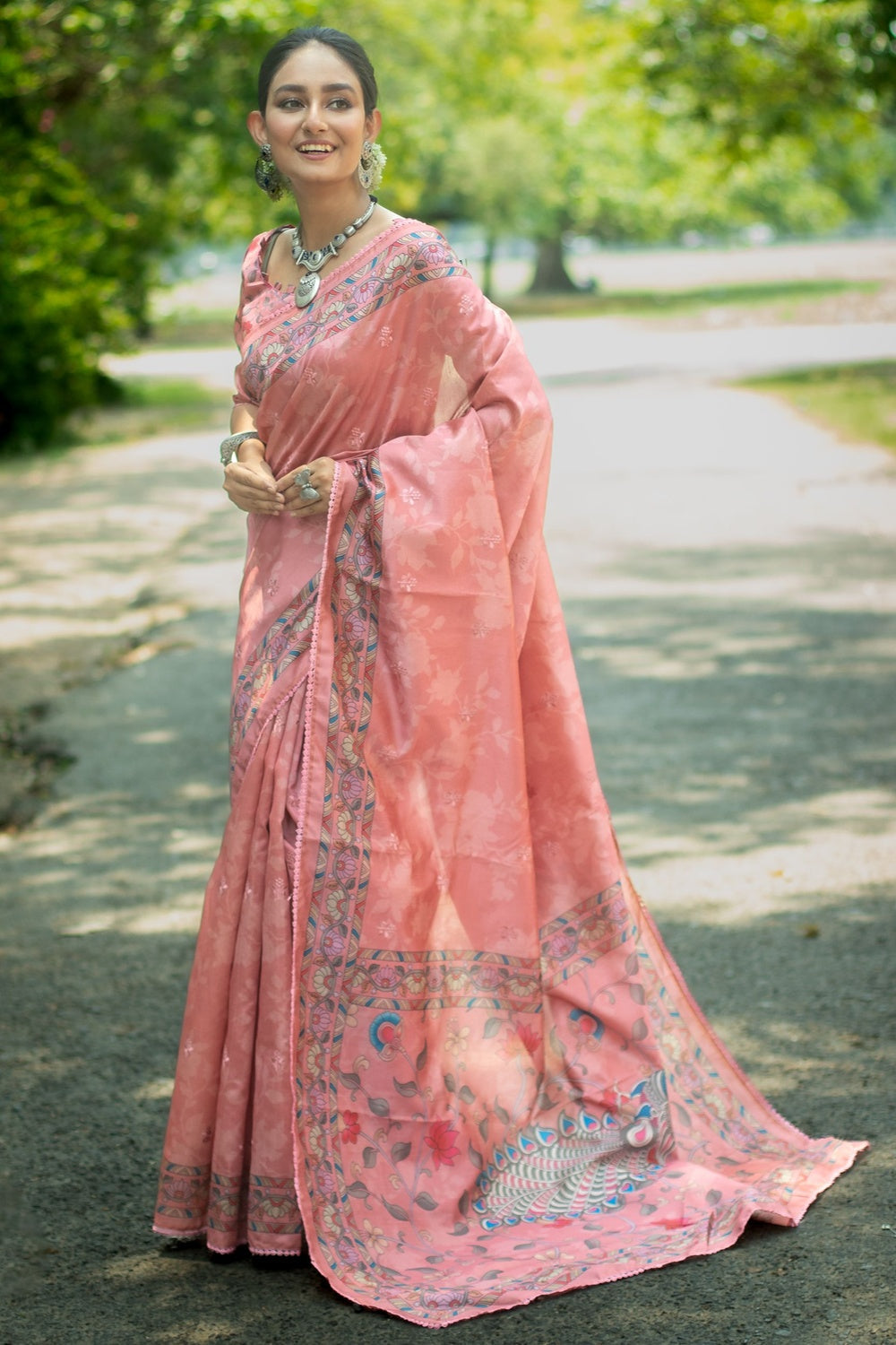 Buy MySilkLove Aboli Peach Tussar Silk Kalamkari Printed Saree Online