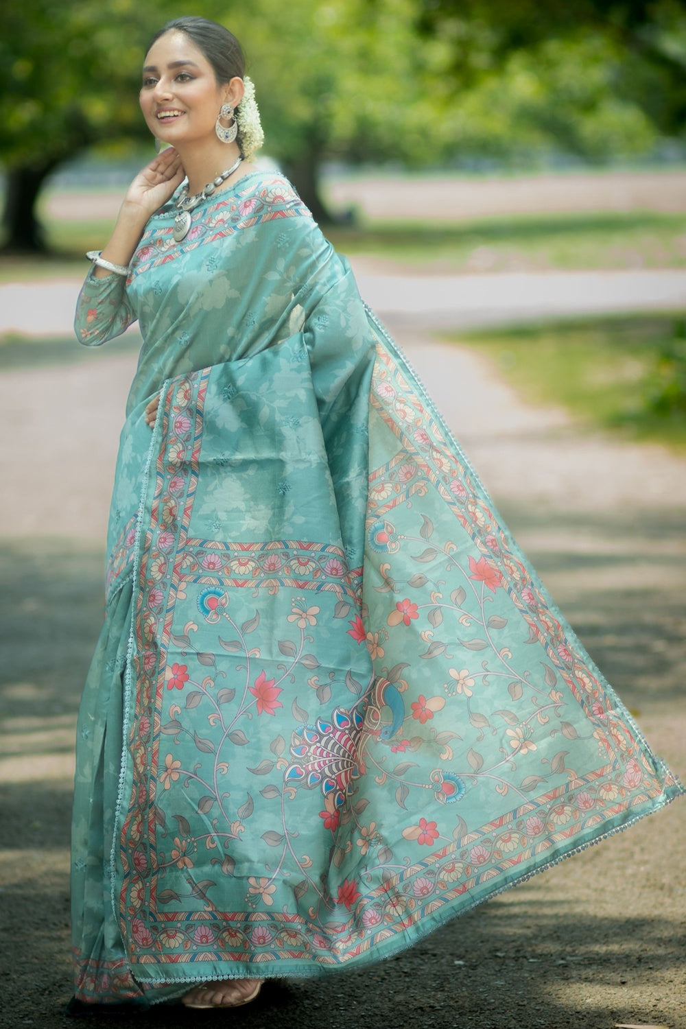 Buy MySilkLove Patina Blue Tussar Silk Kalamkari Printed Saree Online