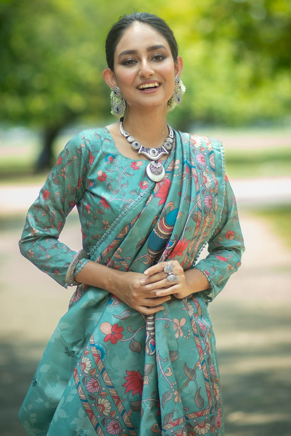 Buy MySilkLove Patina Blue Tussar Silk Kalamkari Printed Saree Online
