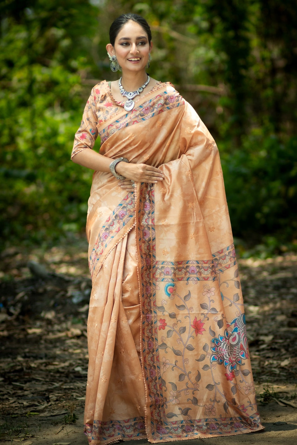 Buy MySilkLove Chalky Cream Tussar Silk Kalamkari Printed Saree Online