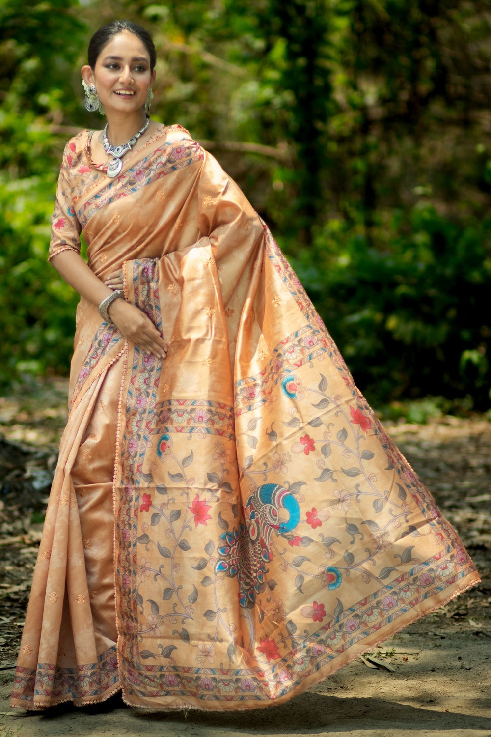 Buy MySilkLove Chalky Cream Tussar Silk Kalamkari Printed Saree Online