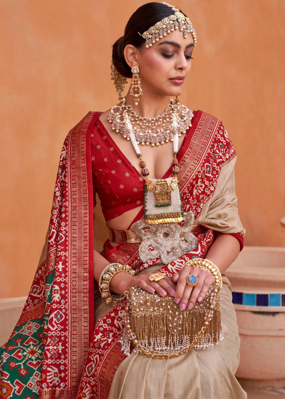 Buy MySilkLove Rodeo Dust Cream and Red Woven Patola Silk Saree Online
