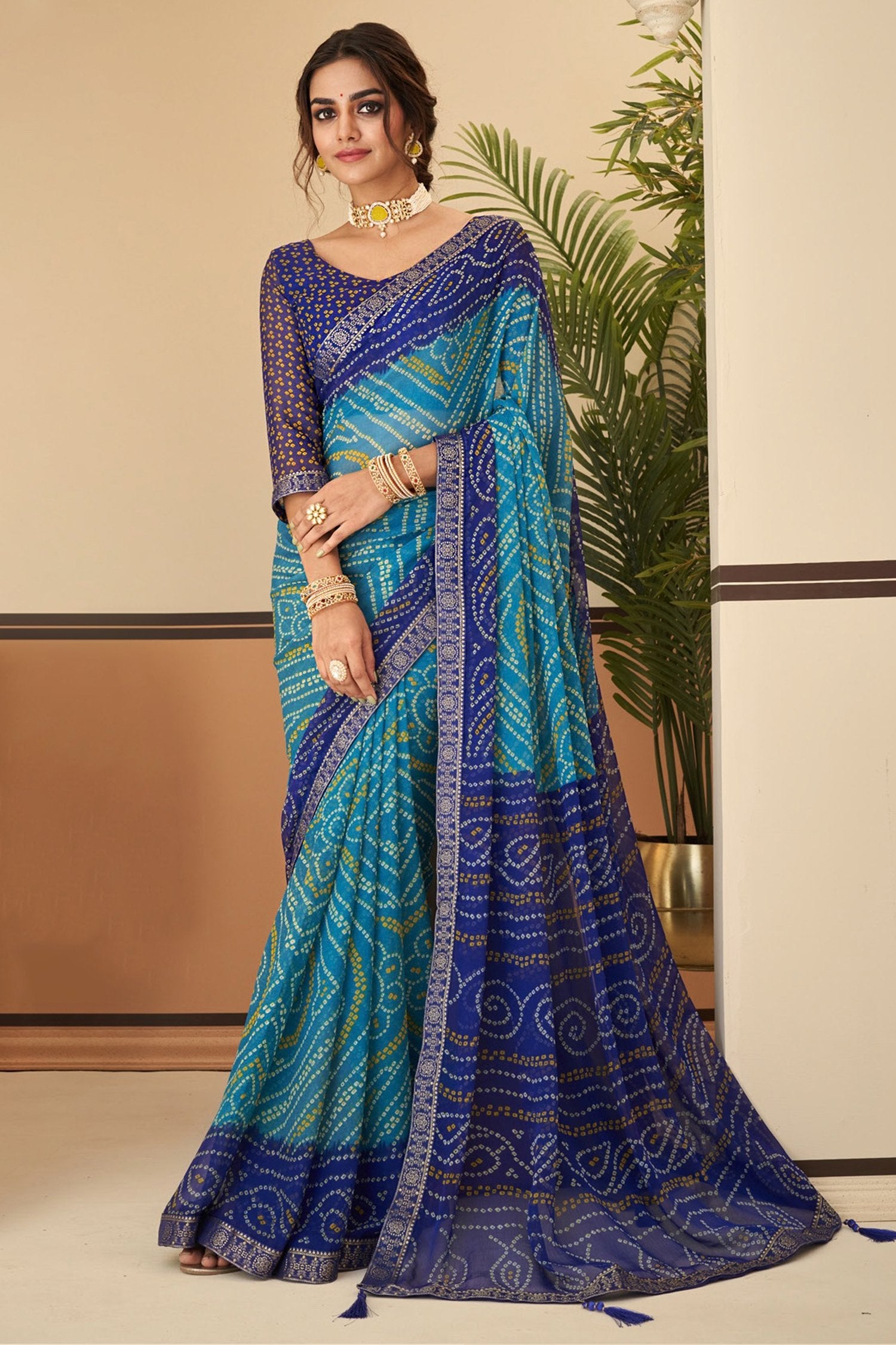 Buy MySilkLove Malachite Blue Chiffon Bandhani saree Online