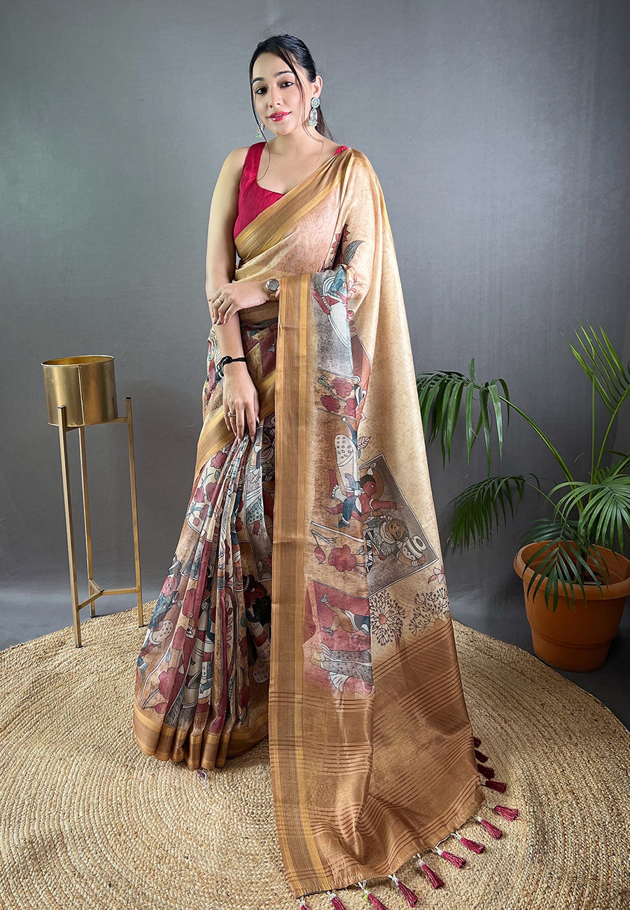 Buy MySilkLove Mongoose Brown Cotton Kalamkari Printed Saree Online