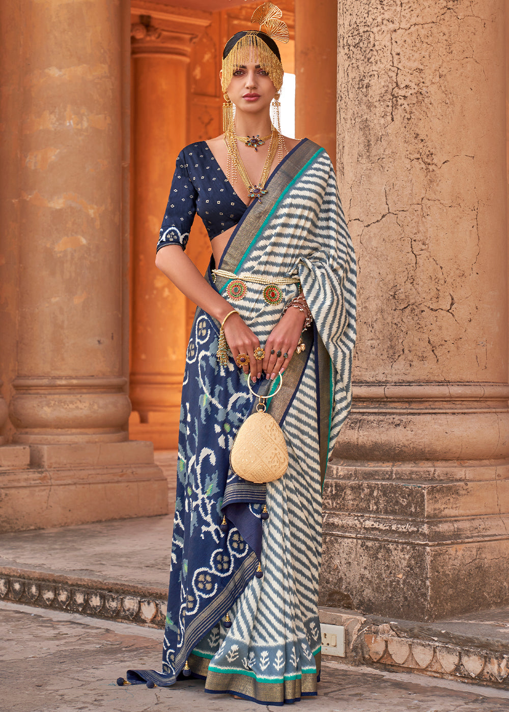 Buy MySilkLove Fiord Blue and White Designer Printed Patola Silk Saree Online