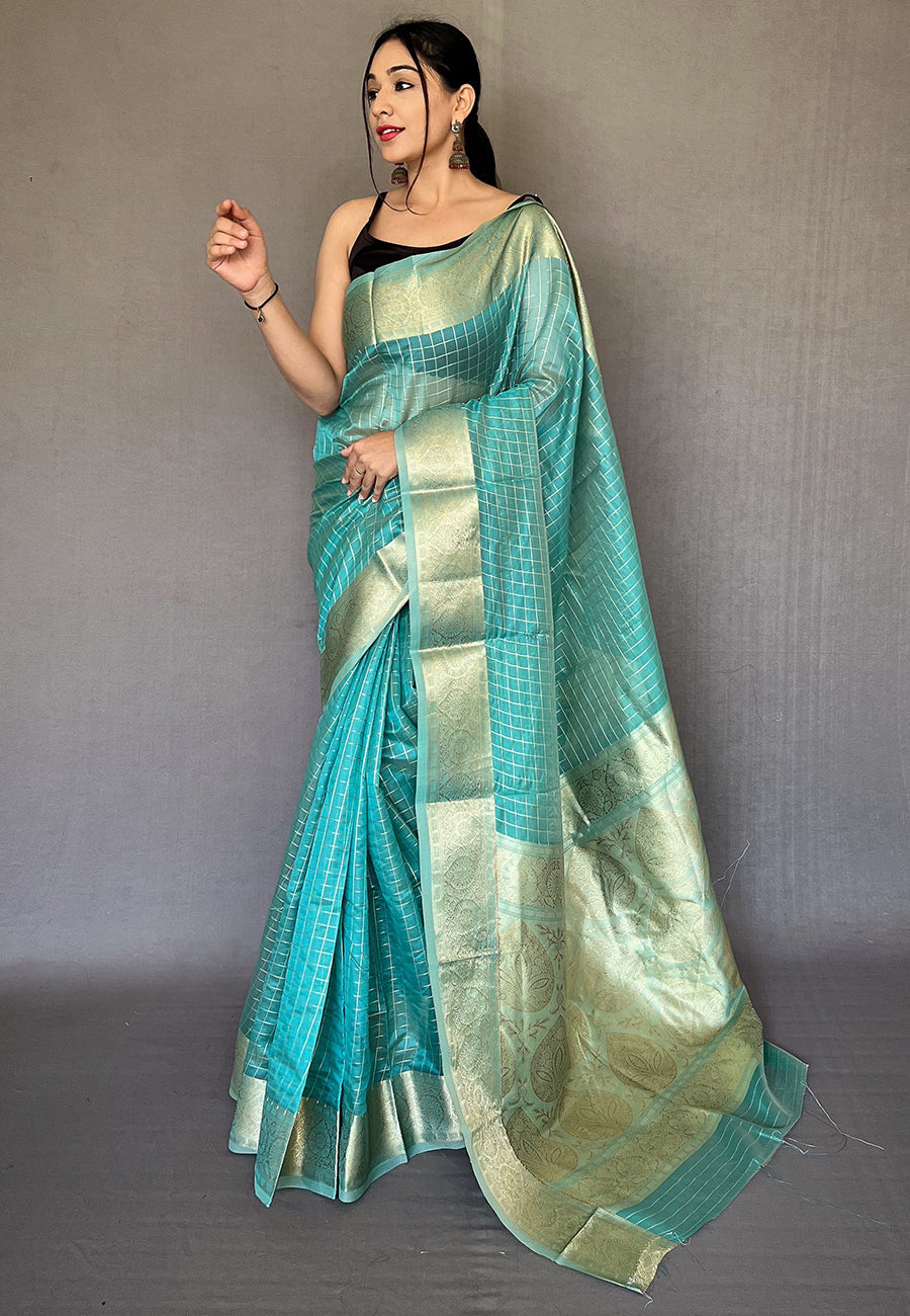 Buy MySilkLove Malachite Blue Zari Woven Organza Checks Saree Online