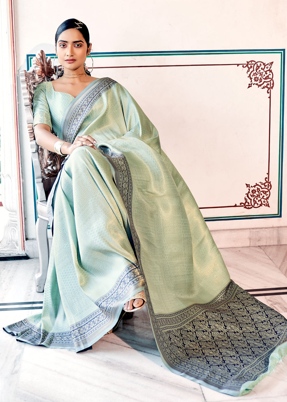 Buy MySilkLove Foggy Green Woven Kanjivaram Silk Saree Online