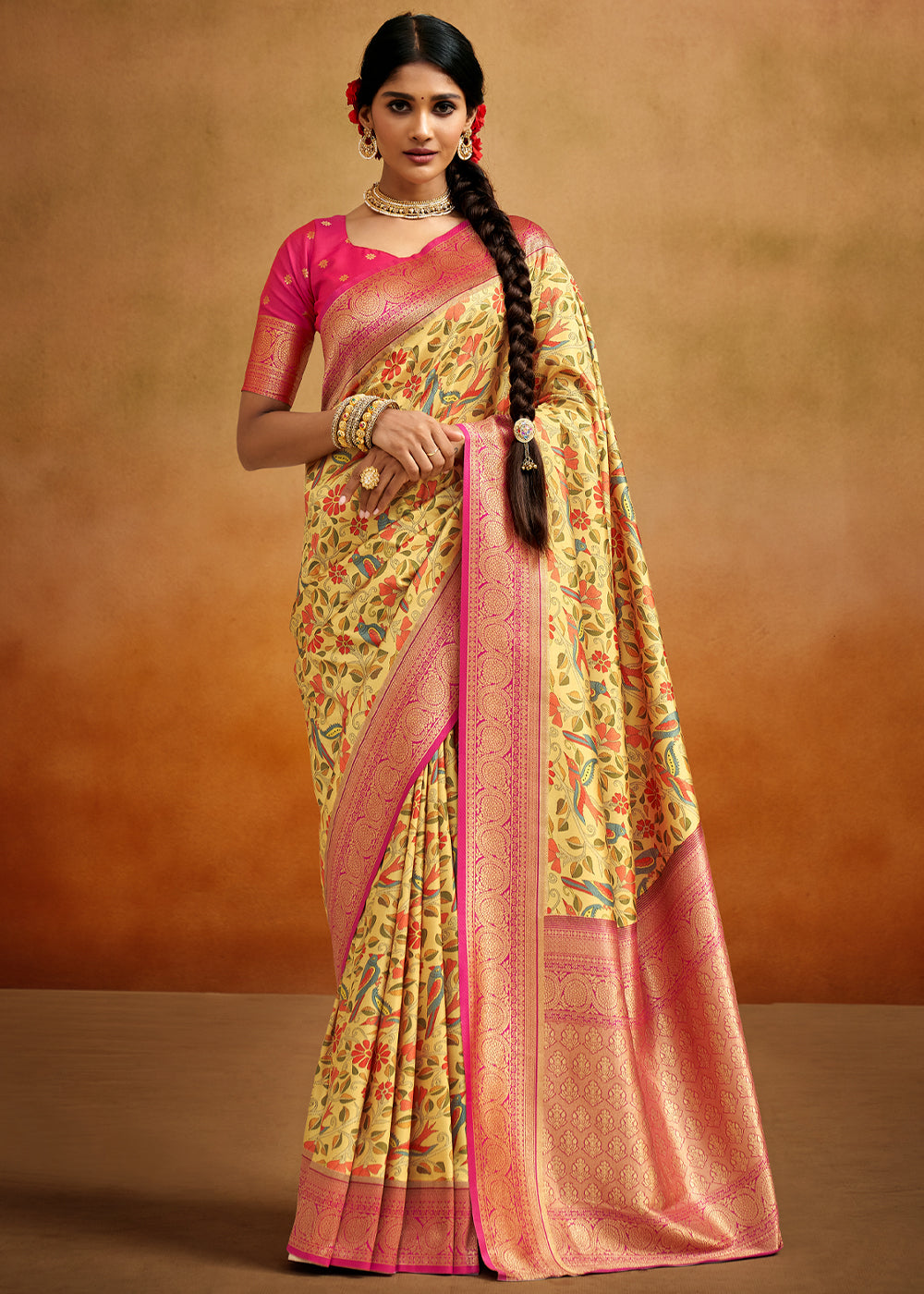 Buy MySilkLove Wild Yellow And Pink Woven Banarasi Kalamkari Silk Saree Online