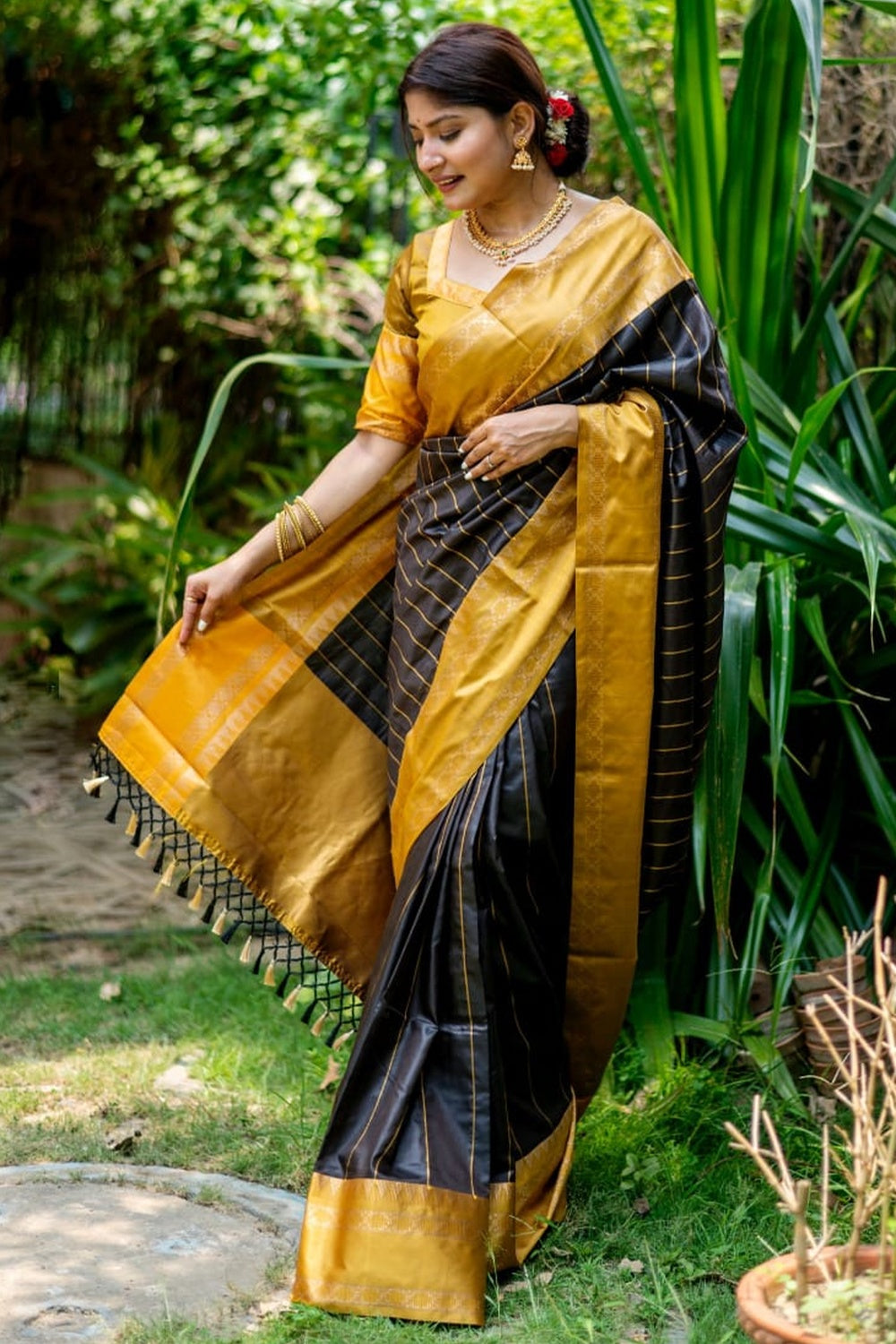 Buy MySilkLove Eerie Black and Yellow Woven Tussar Silk Saree Online