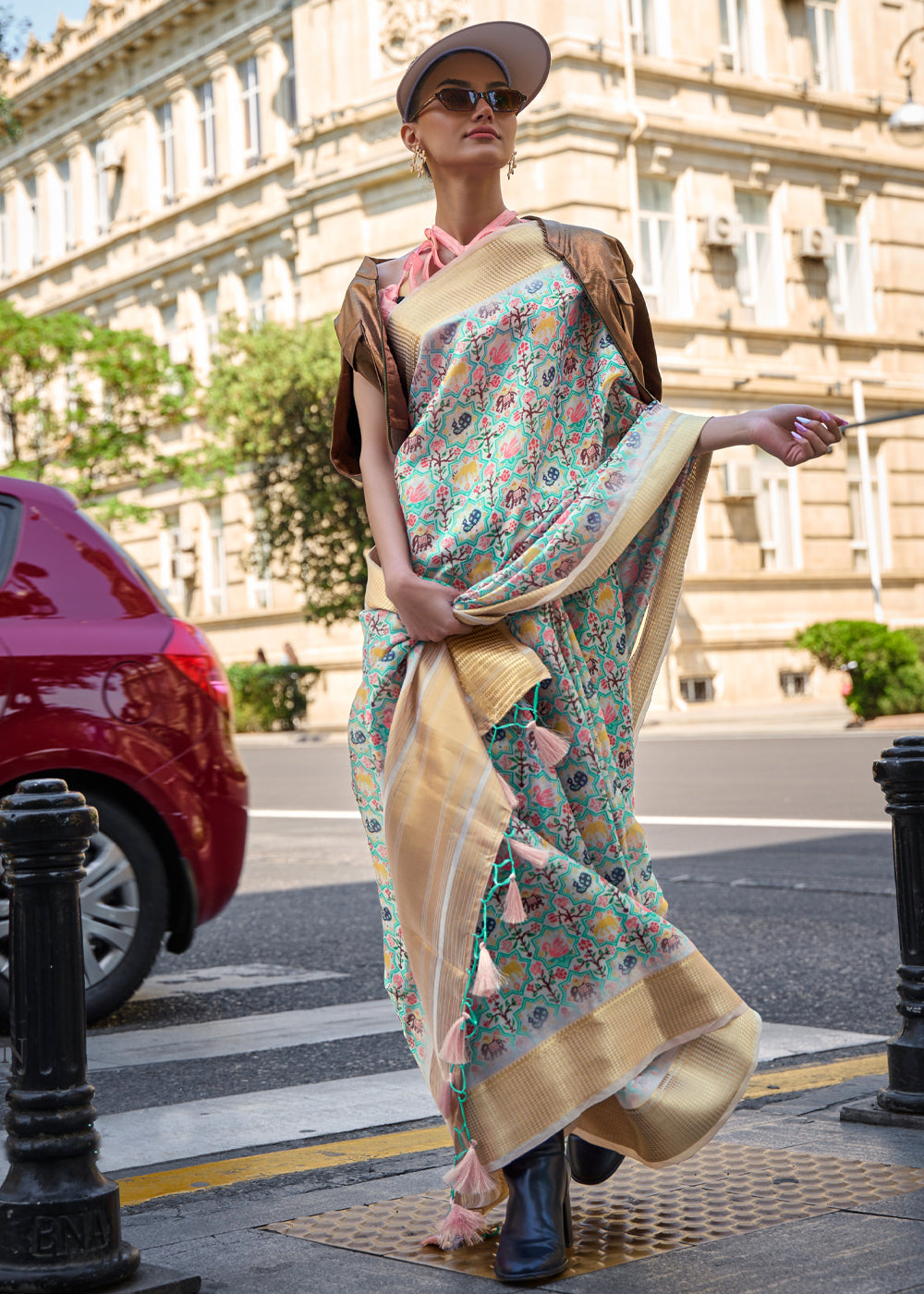 Buy MySilkLove Summer Green Organza Printed Satin Silk Saree Online