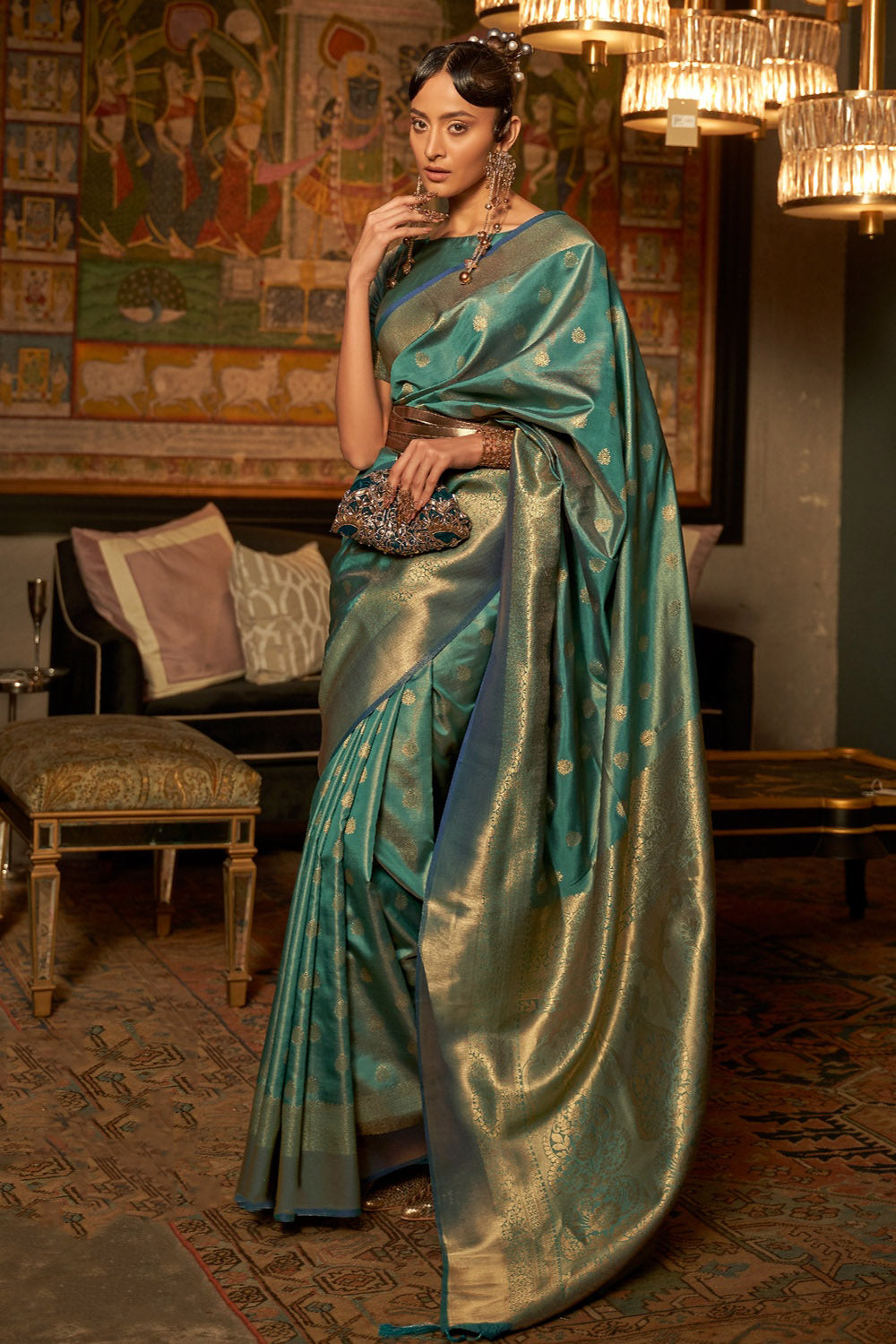 Buy MySilkLove Axolotl Green Woven Kanjivaram Handloom Silk Saree Online