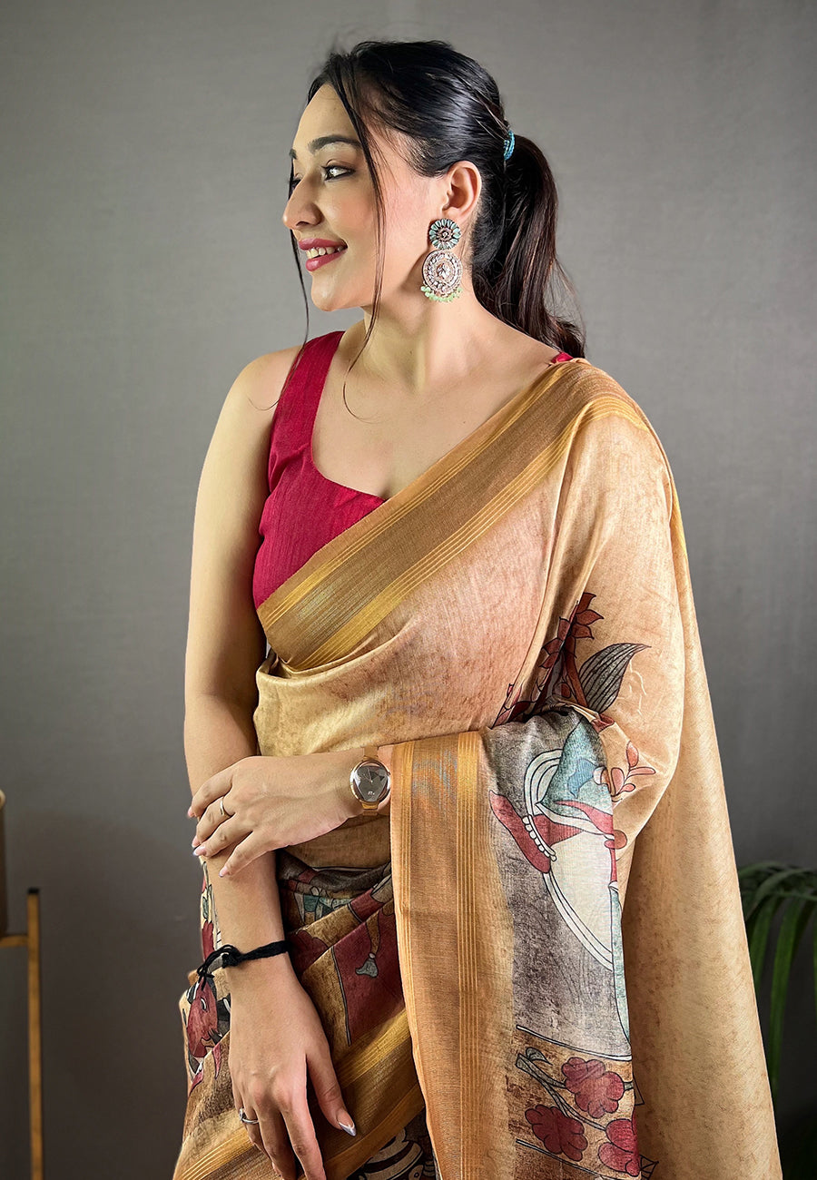 MySilkLove Mongoose Brown Cotton Kalamkari Printed Saree