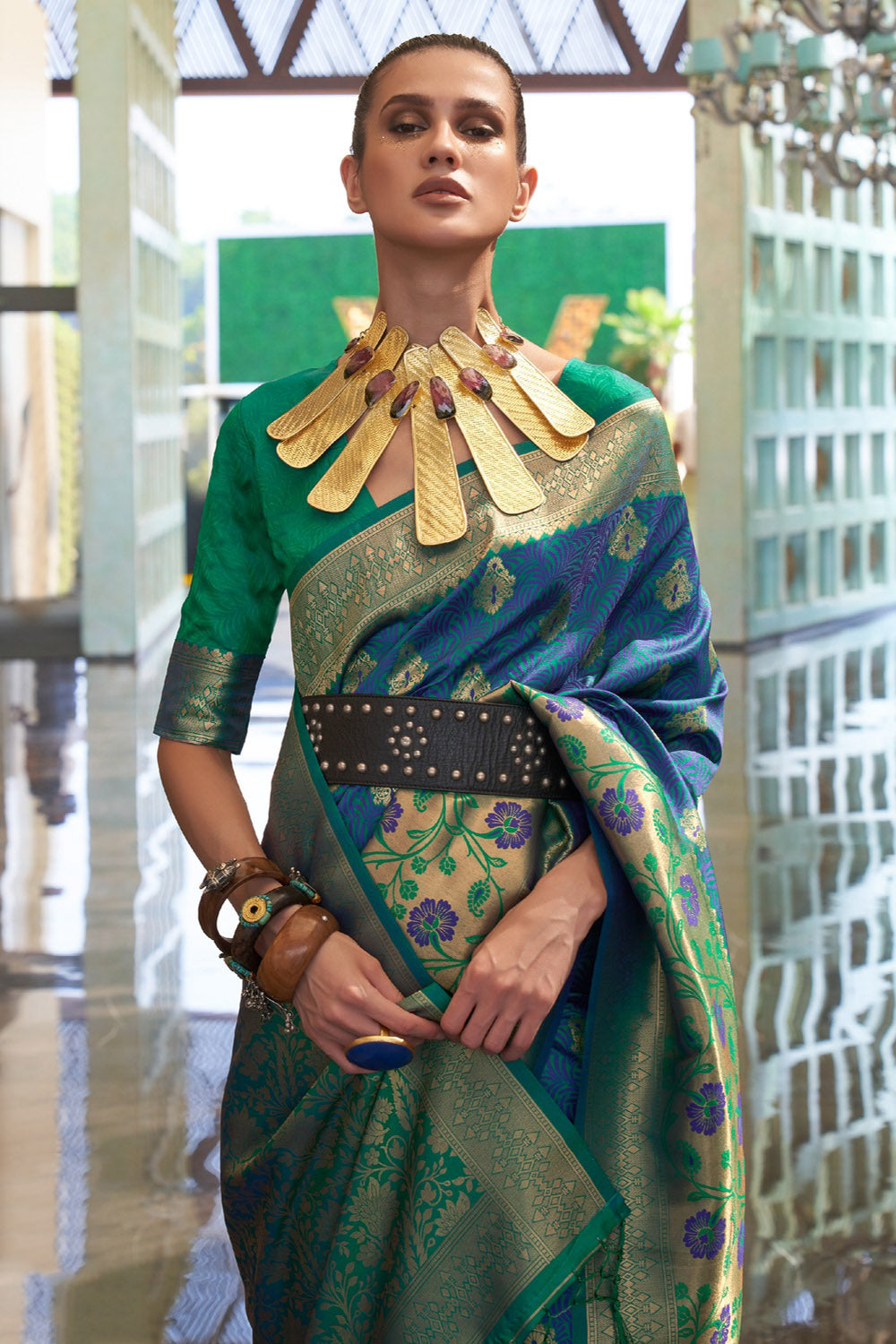 Buy MySilkLove Chambray Blue and Green Woven Handloom Banarasi Silk Saree Online