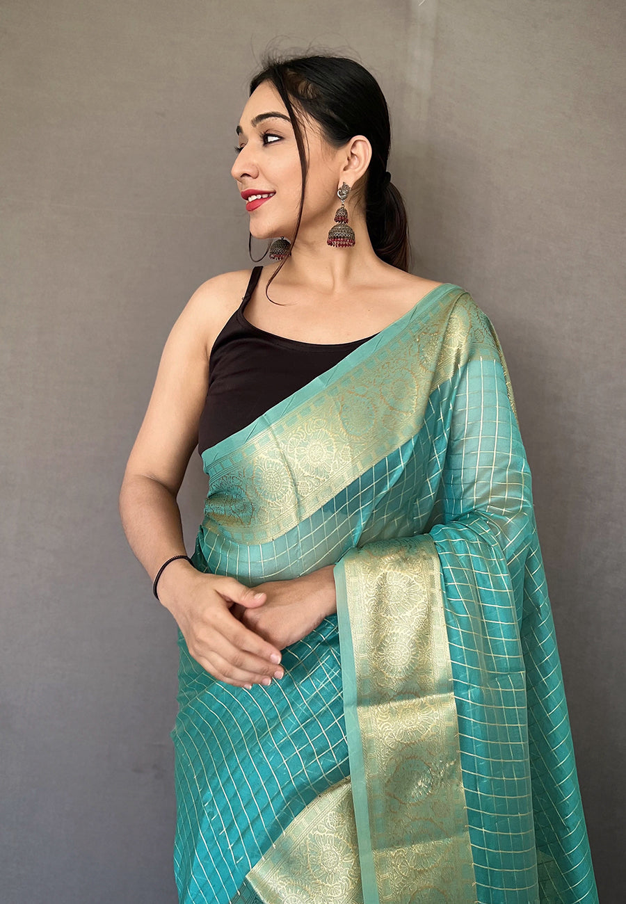 Buy MySilkLove Malachite Blue Zari Woven Organza Checks Saree Online