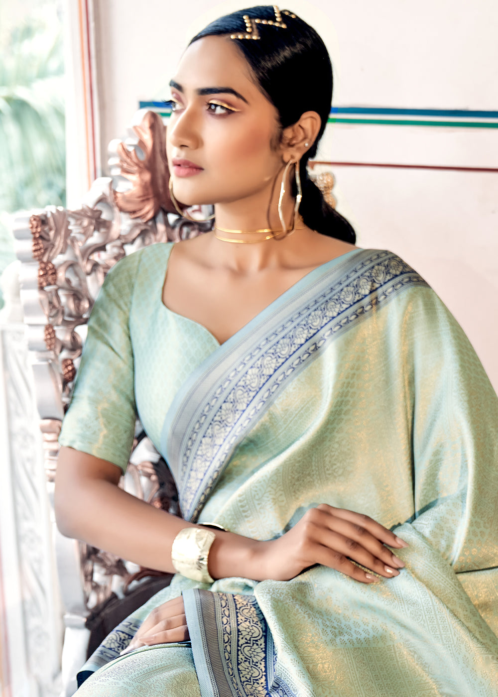 Buy MySilkLove Foggy Green Woven Kanjivaram Silk Saree Online