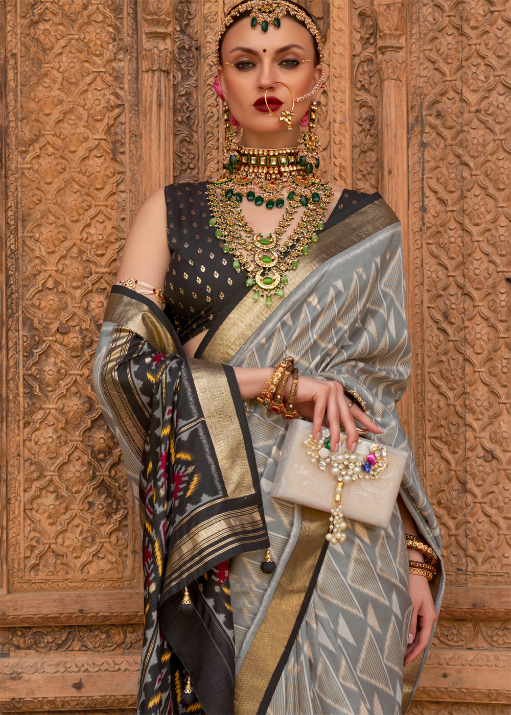 Buy MySilkLove Cloudy Grey and Black Woven Patola Silk Saree Online