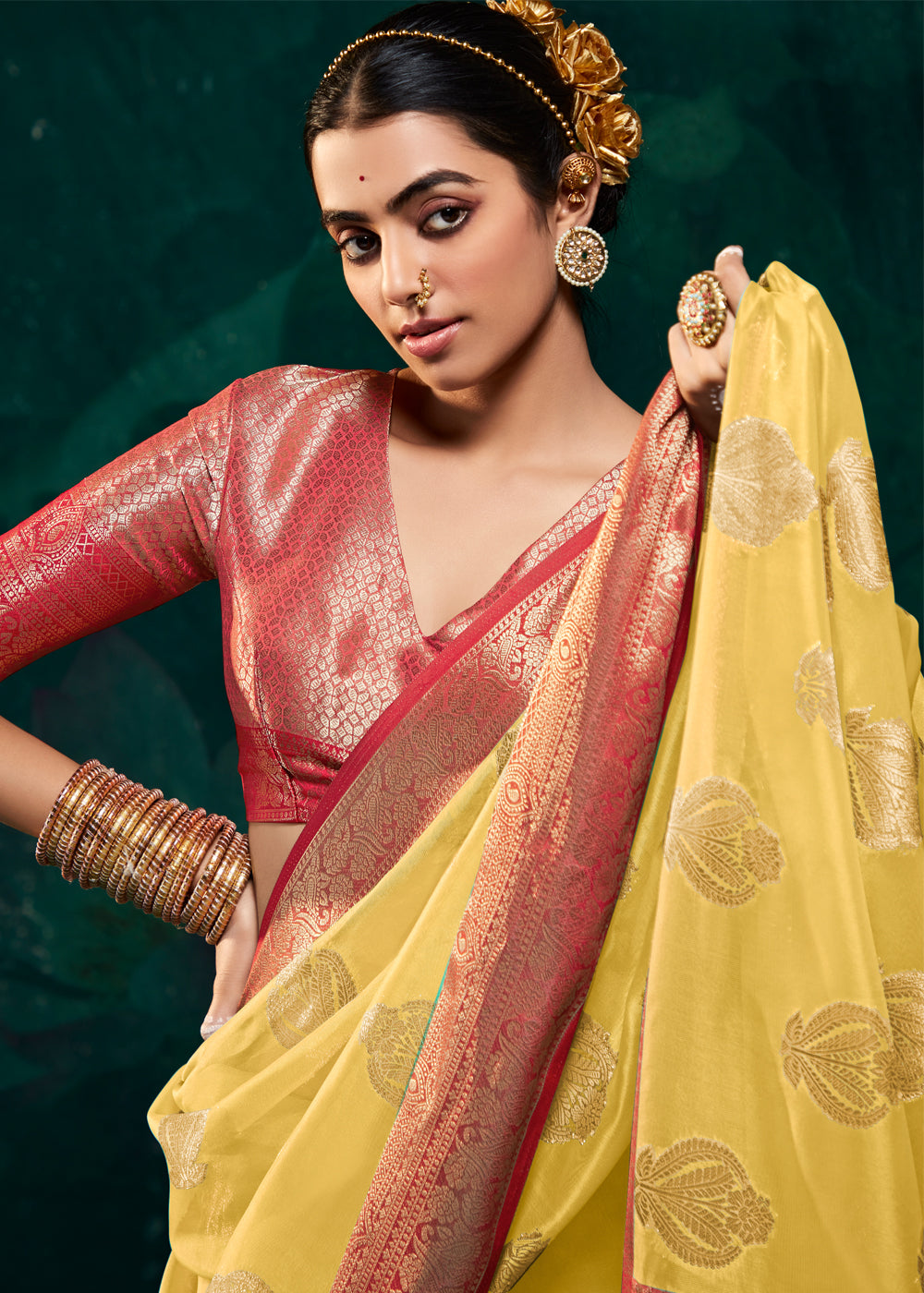 Buy MySilkLove Equator Yellow Woven Banarasi Organza Silk Saree Online