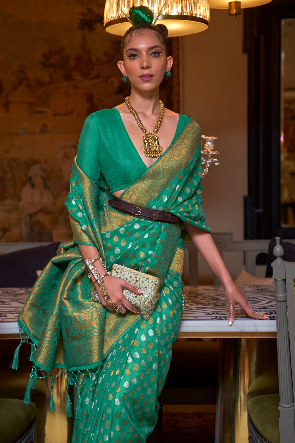 Buy MySilkLove Jungle Green Copper Zari Pure Banarasi Saree Online
