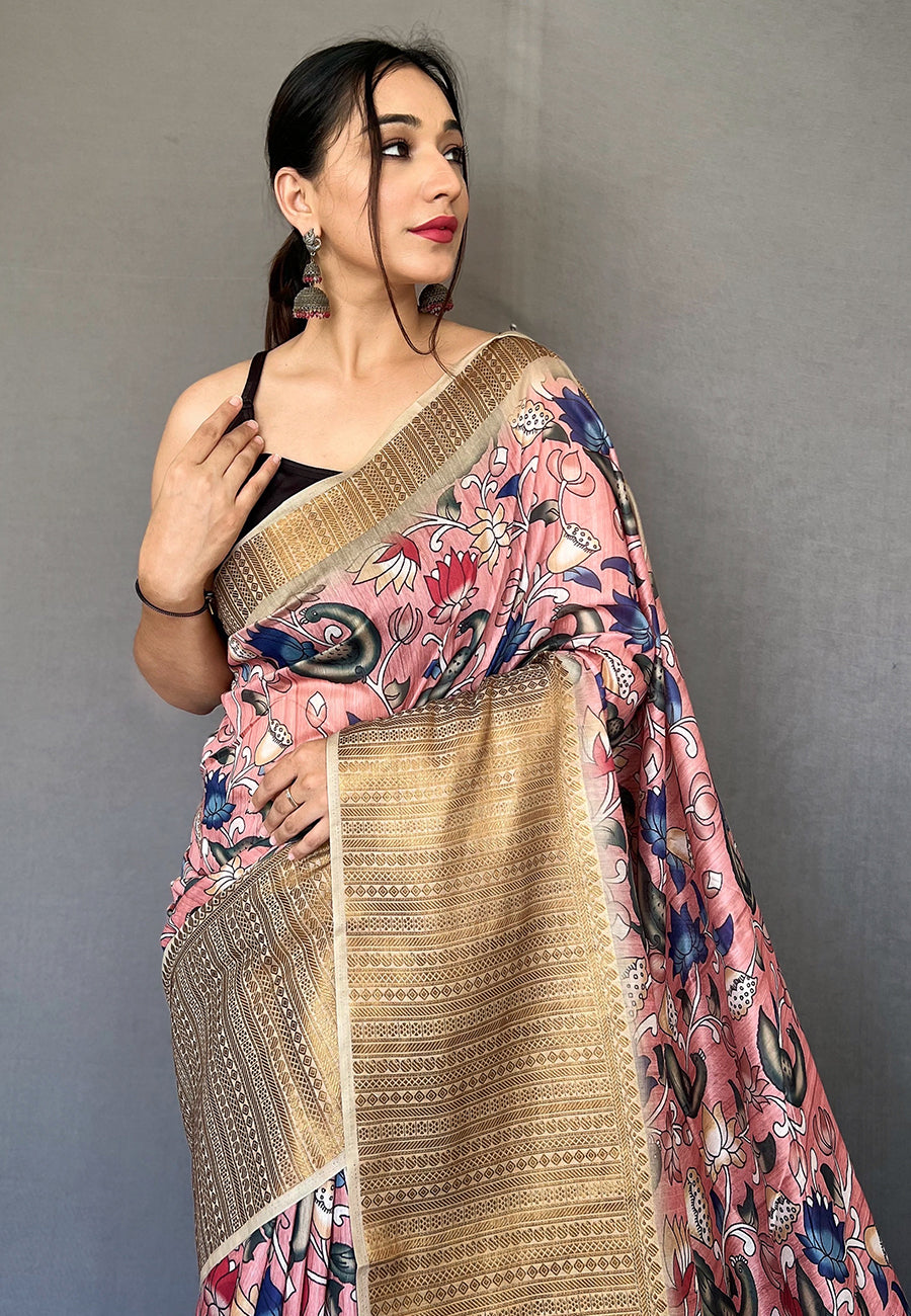 Buy MySilkLove Petite Pink Zari Woven Cotton Kalamkari Digital Printed Saree Online