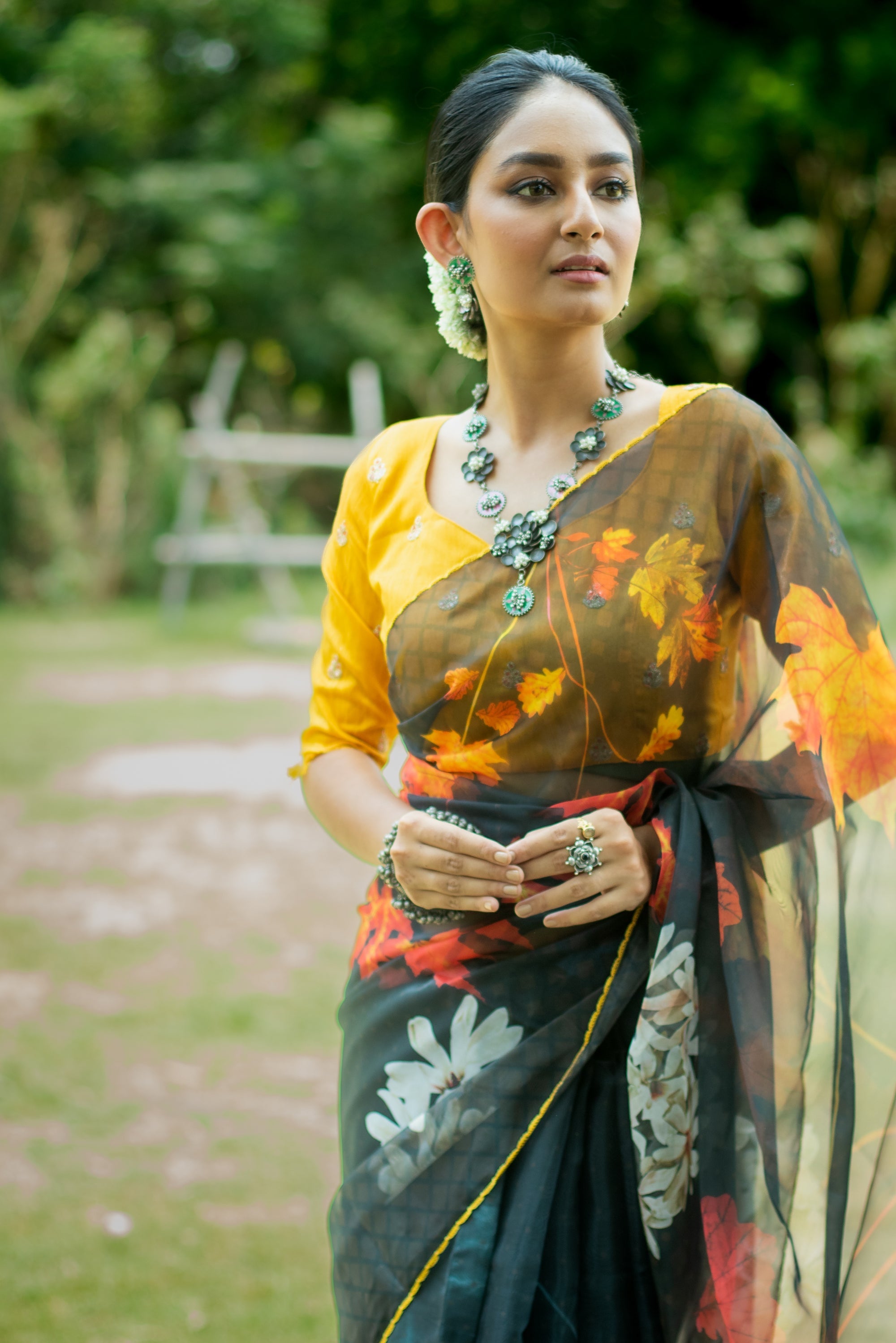 Buy MySilkLove Nandor Grey Floral Design Organza Printed Saree Online