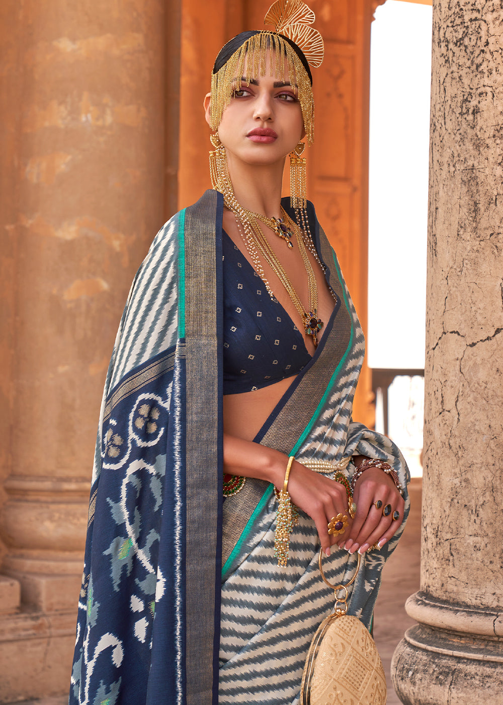 Buy MySilkLove Fiord Blue and White Designer Printed Patola Silk Saree Online
