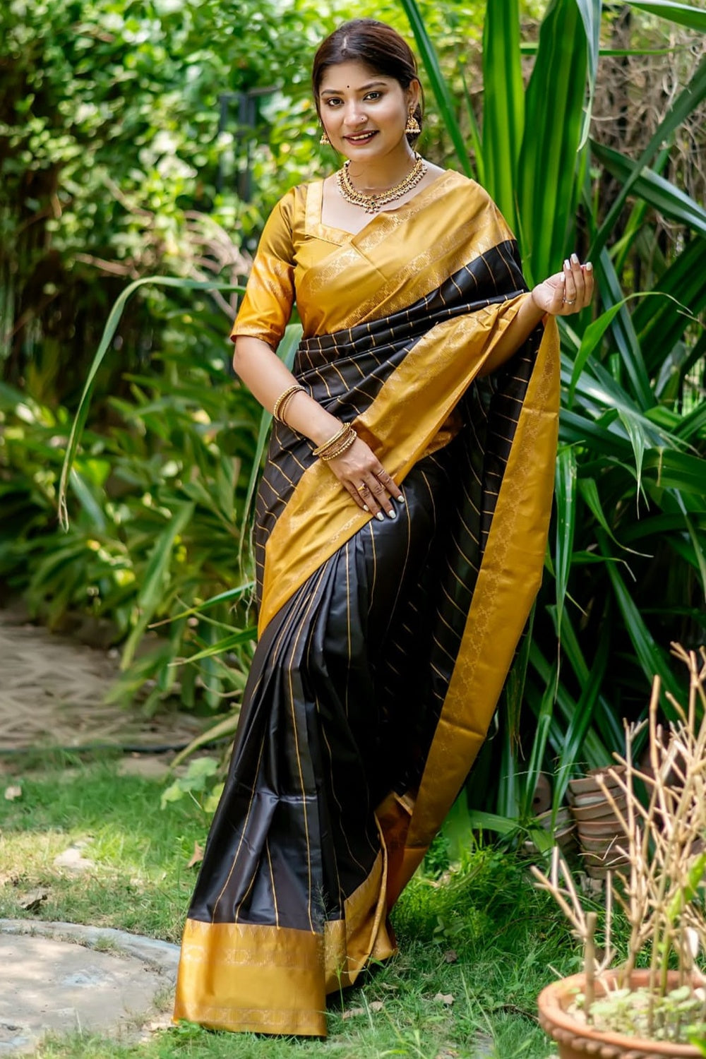 Buy MySilkLove Eerie Black and Yellow Woven Tussar Silk Saree Online