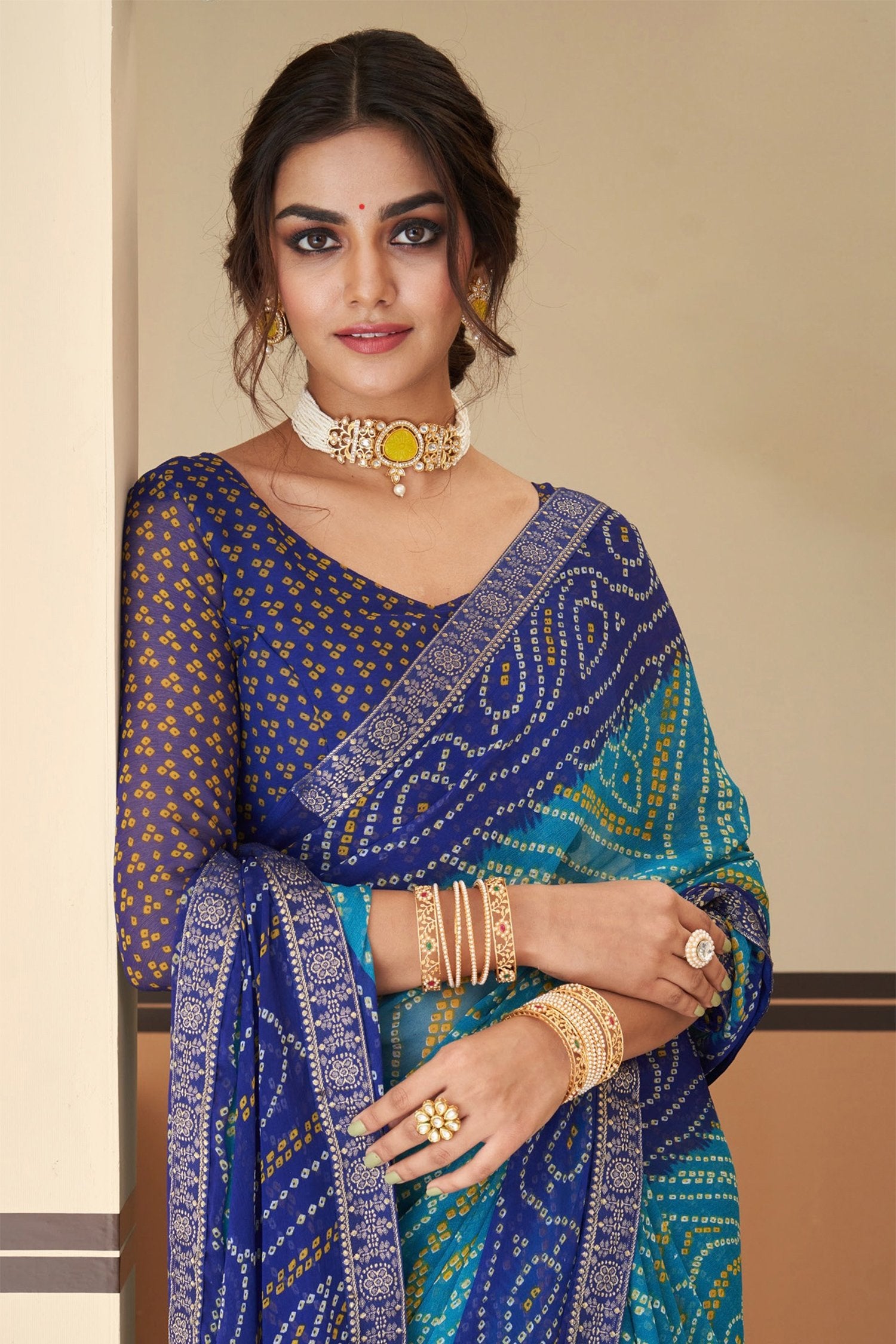 Buy MySilkLove Malachite Blue Chiffon Bandhani saree Online