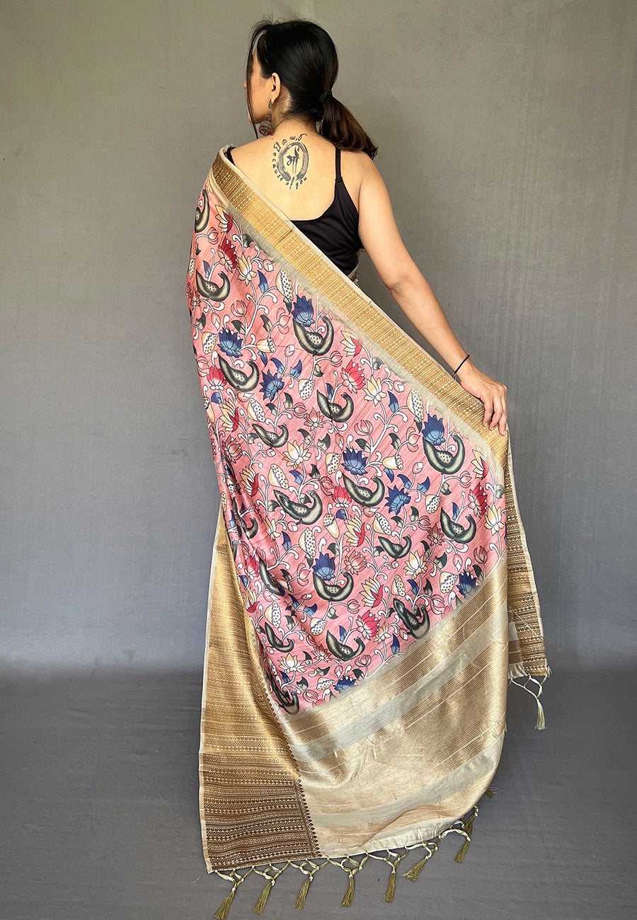 Buy MySilkLove Petite Pink Zari Woven Cotton Kalamkari Digital Printed Saree Online