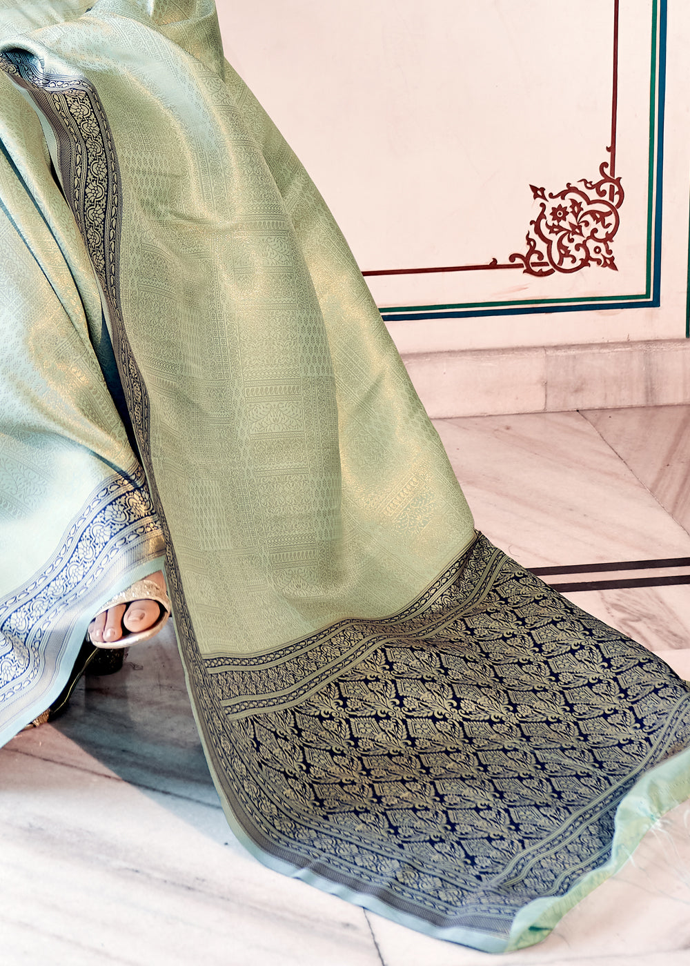Buy MySilkLove Foggy Green Woven Kanjivaram Silk Saree Online