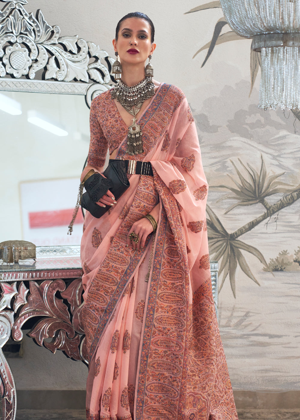 Buy MySilkLove Puce Pink Woven Handloom Pure Kashmiri Jamawar Saree Online
