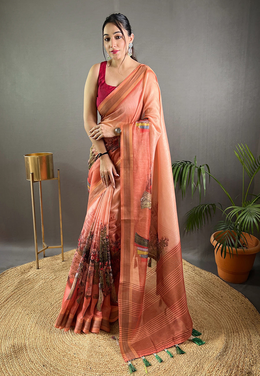 Buy MySilkLove Terracotta Peach Cotton Kalamkari Printed Saree Online